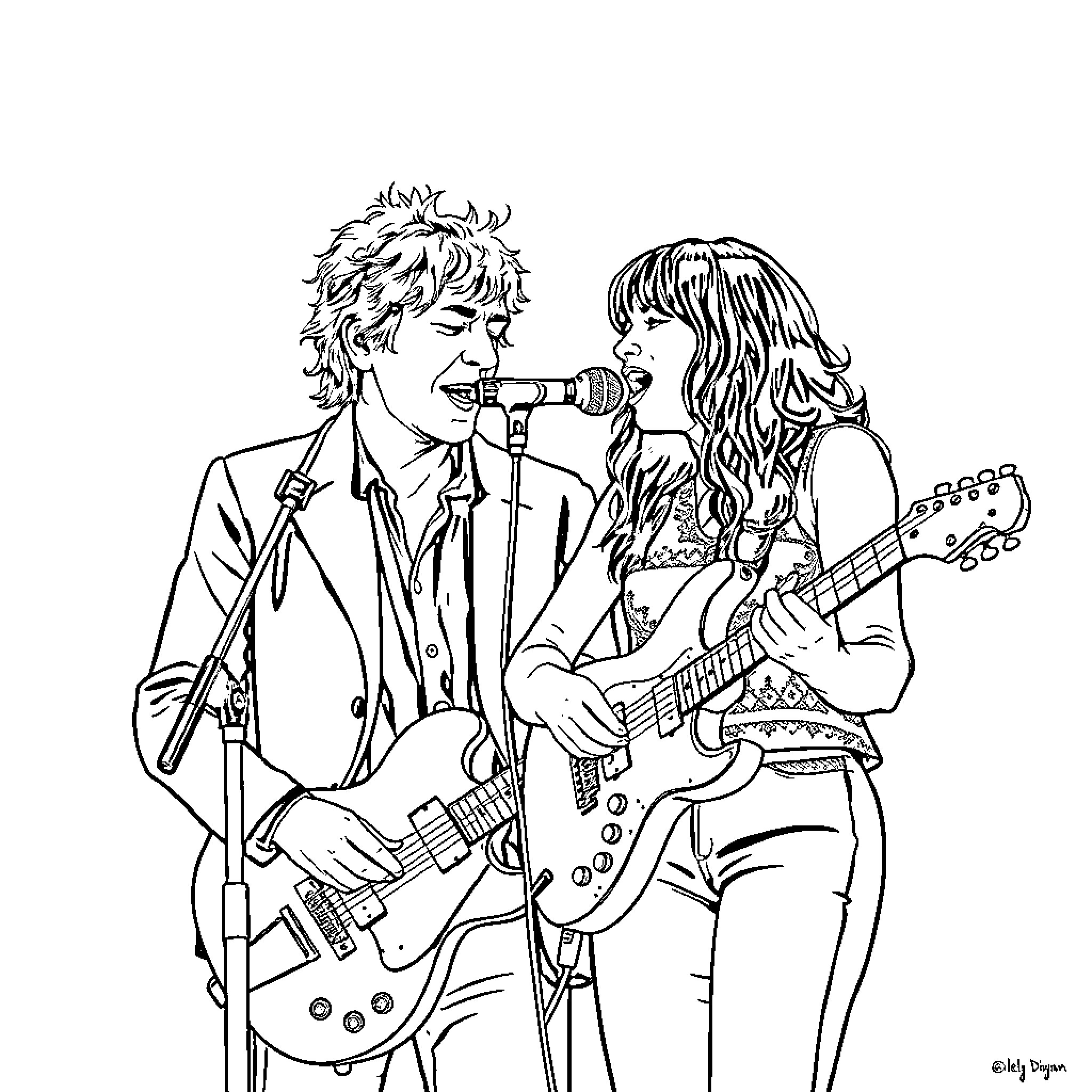 Bob Dylan and band members performing on stage Coloring Page (free black-and-white line drawing printable PDF for all, from beginners to advanced learners, including children, teens, adults, and seniors)