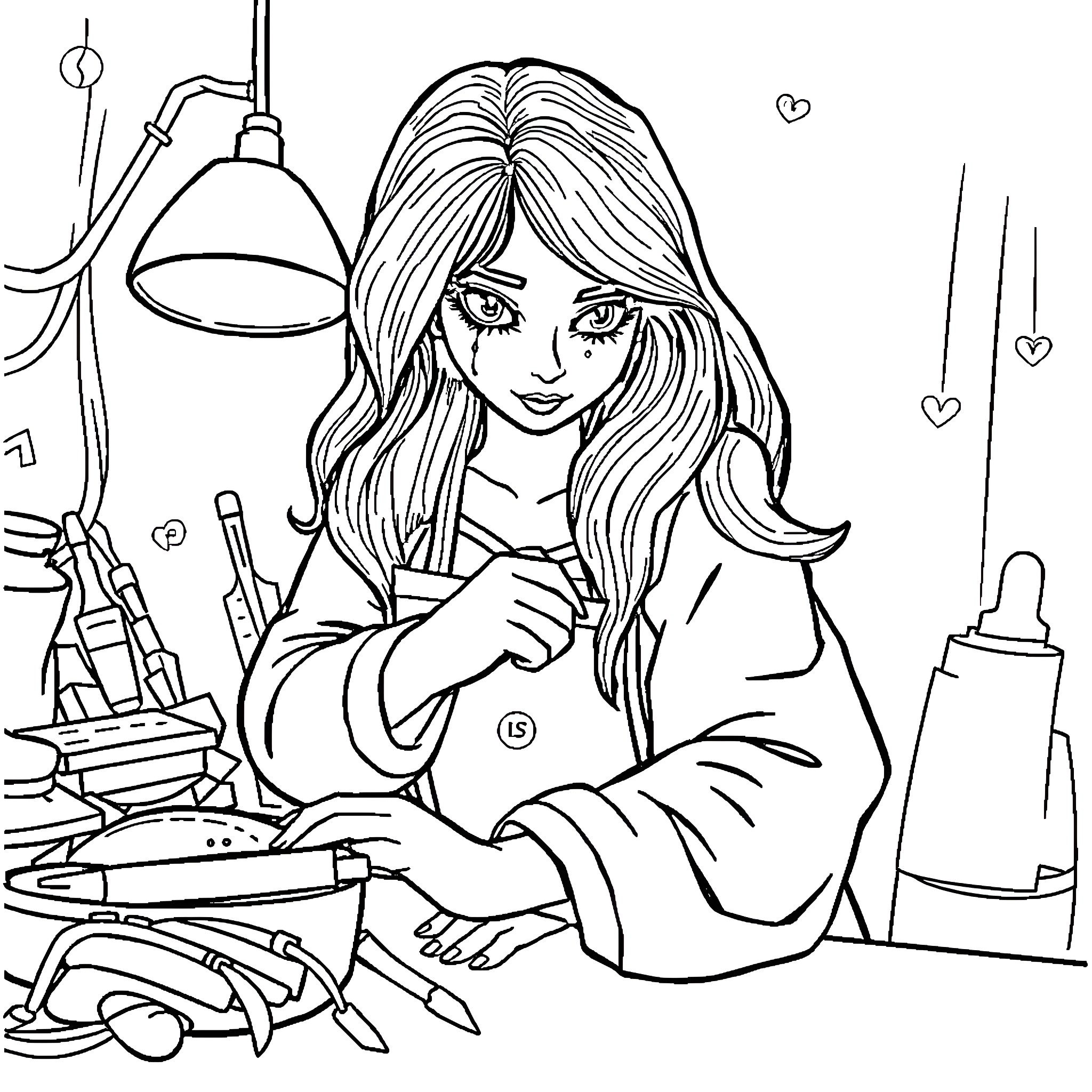 Betoniera - Woman working in a laboratory Coloring Page (free black-and-white line drawing printable PDF for all, from beginners to advanced learners, including children, teens, adults, and seniors)