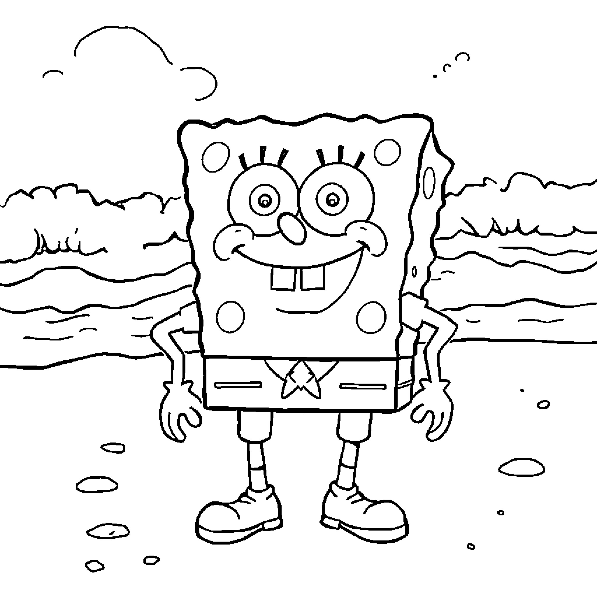 Spongebob's Cheerful Beachside Adventure Coloring Page (free black-and-white line drawing printable PDF for all, from beginners to advanced learners, including children, teens, adults, and seniors)