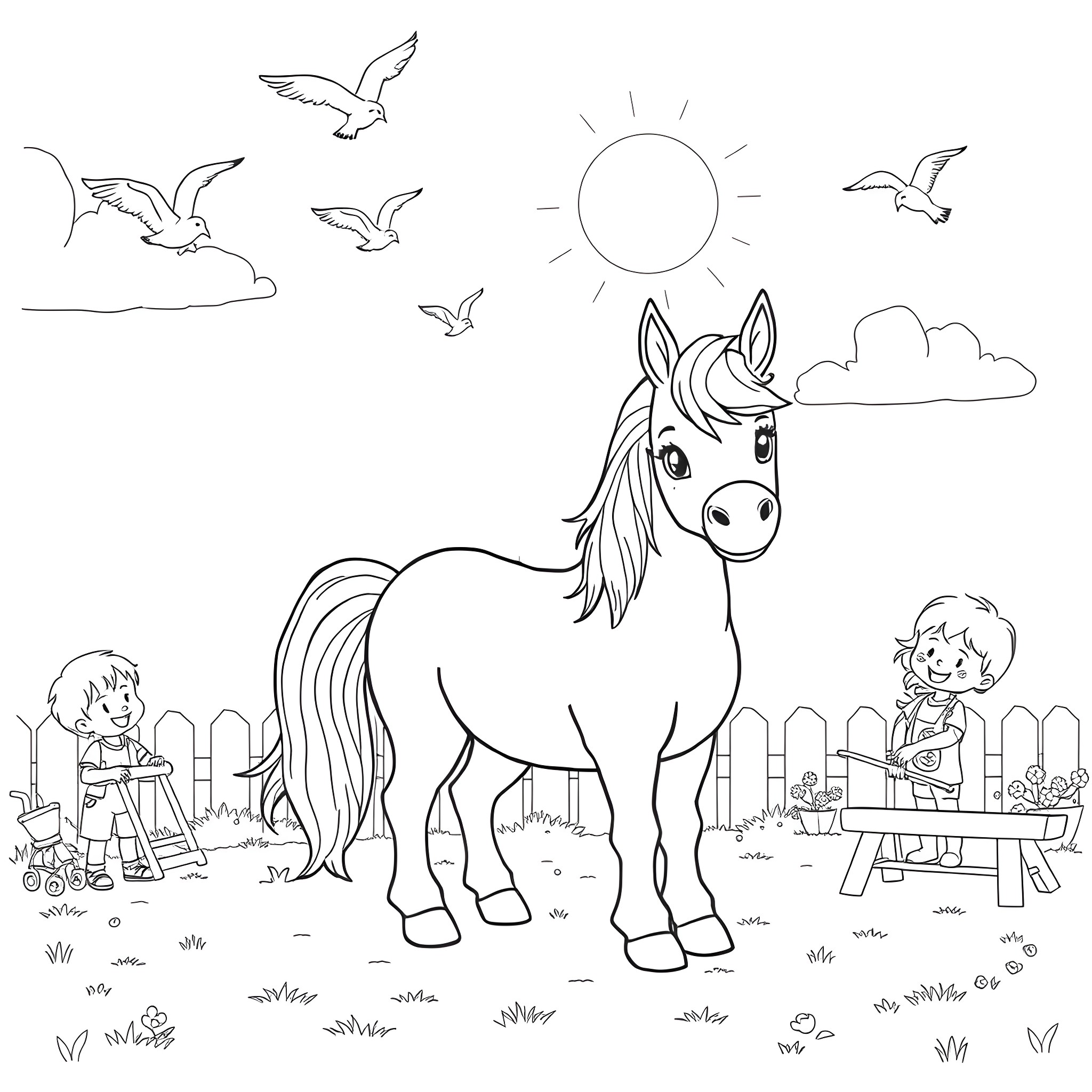 Pony enjoying the sunny day with children Coloring Page (free black-and-white line drawing printable PDF for all, from beginners to advanced learners, including children, teens, adults, and seniors)