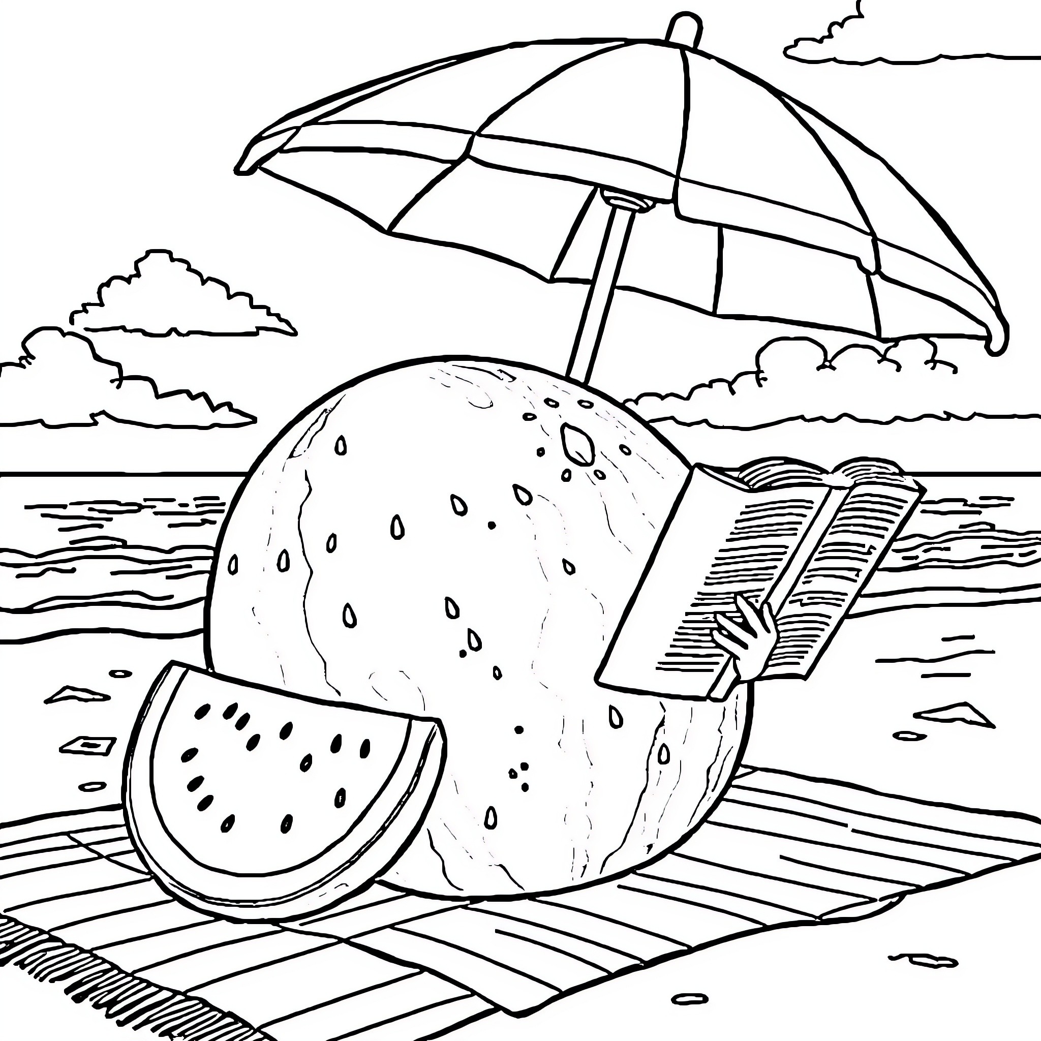 Watermelon beach day with umbrella and book Coloring Page (free black-and-white line drawing printable PDF for all, from beginners to advanced learners, including children, teens, adults, and seniors)