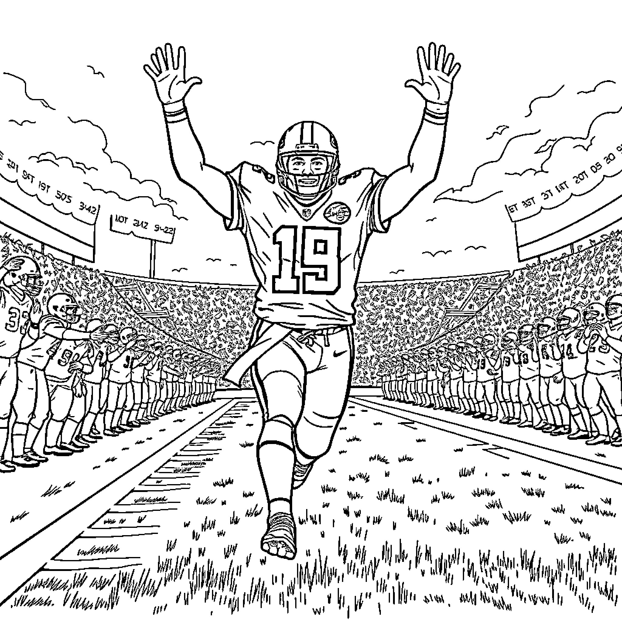Patrick Mahomes celebrates touchdown in football stadium Coloring Page (free black-and-white line drawing printable PDF for all, from beginners to advanced learners, including children, teens, adults, and seniors)