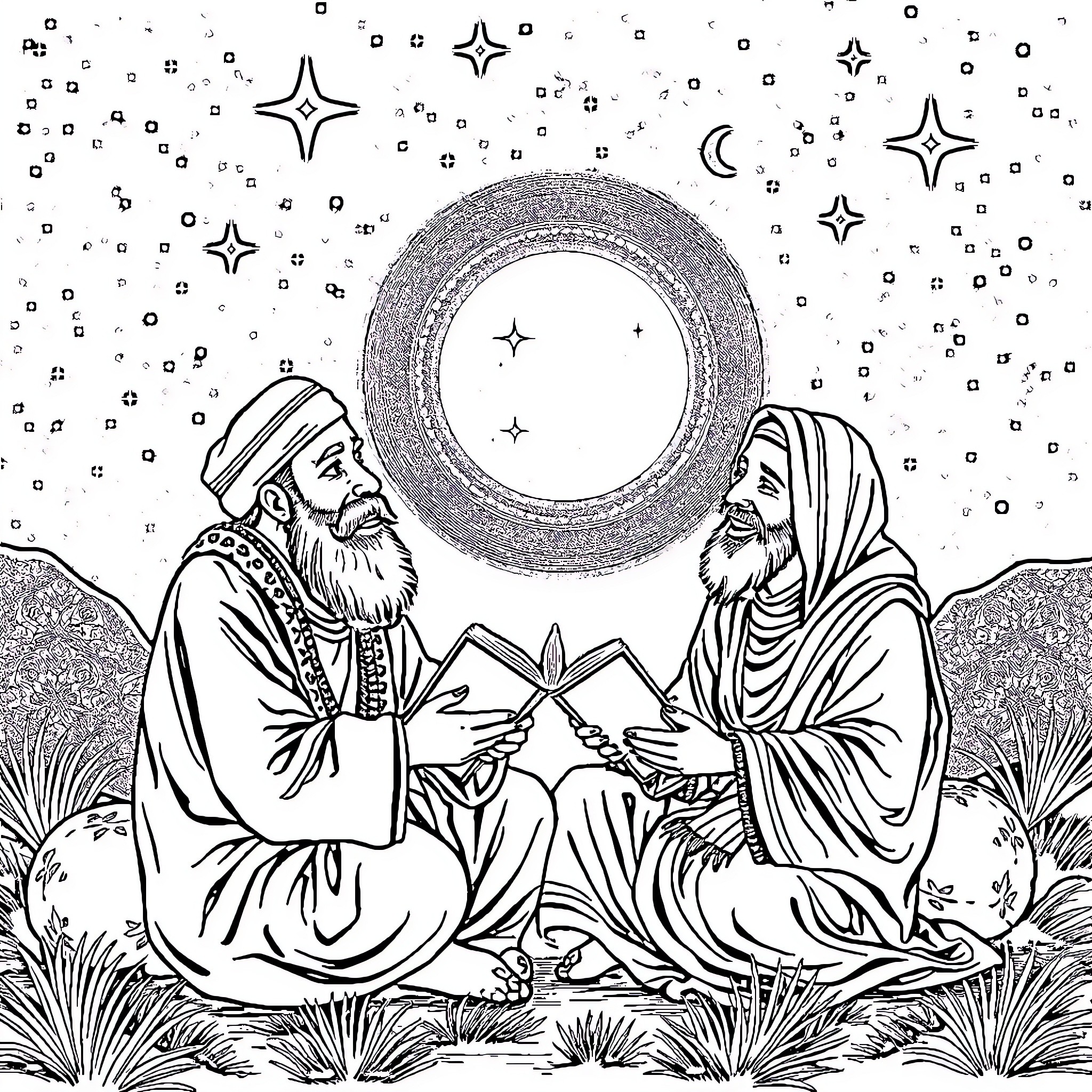 Rumi's Mystic Encounter under the Stars Coloring Page (free black-and-white line drawing printable PDF for all, from beginners to advanced learners, including children, teens, adults, and seniors)