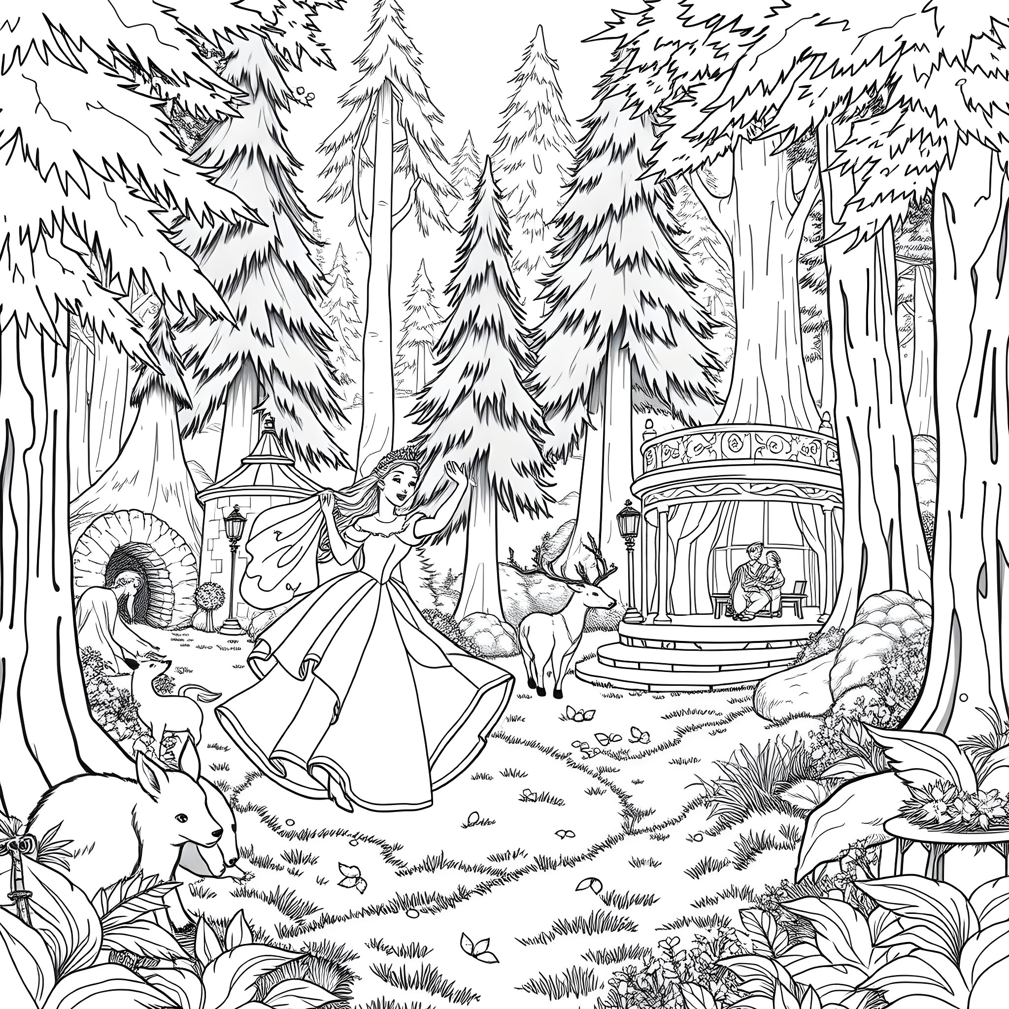 Aurora's Enchanted Forest Adventure Coloring Page (free black-and-white line drawing printable PDF for all, from beginners to advanced learners, including children, teens, adults, and seniors)