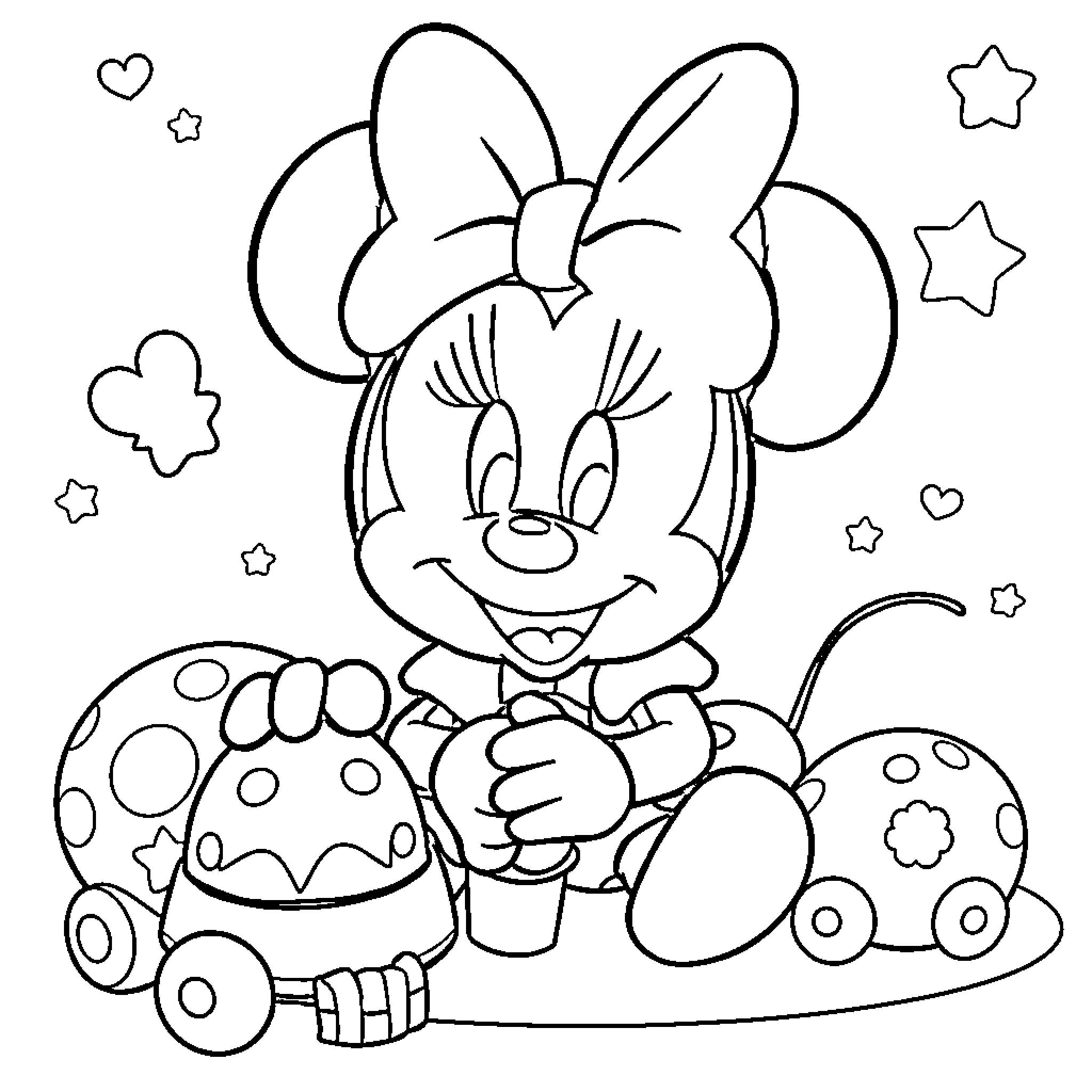 Minnie Mouse enjoying a sweet treat Coloring Page (free black-and-white line drawing printable PDF for all, from beginners to advanced learners, including children, teens, adults, and seniors)