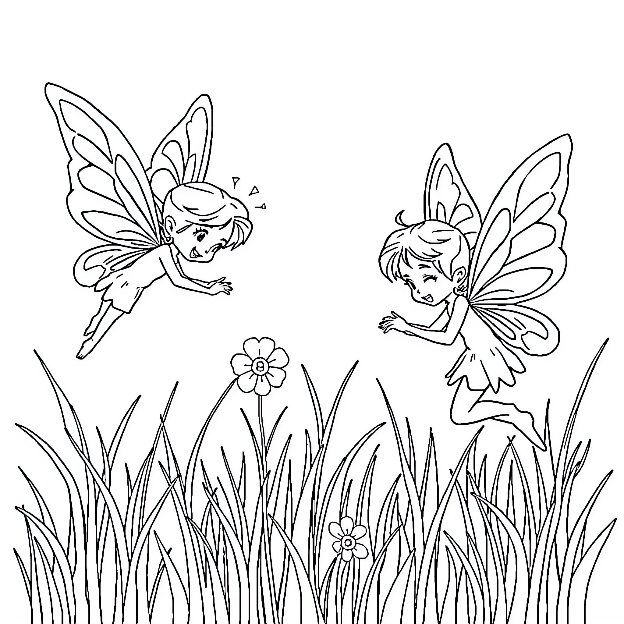 Fairy Creatures Playing Joyfully in Nature Coloring Page (free black-and-white line drawing printable PDF for all, from beginners to advanced learners, including children, teens, adults, and seniors)