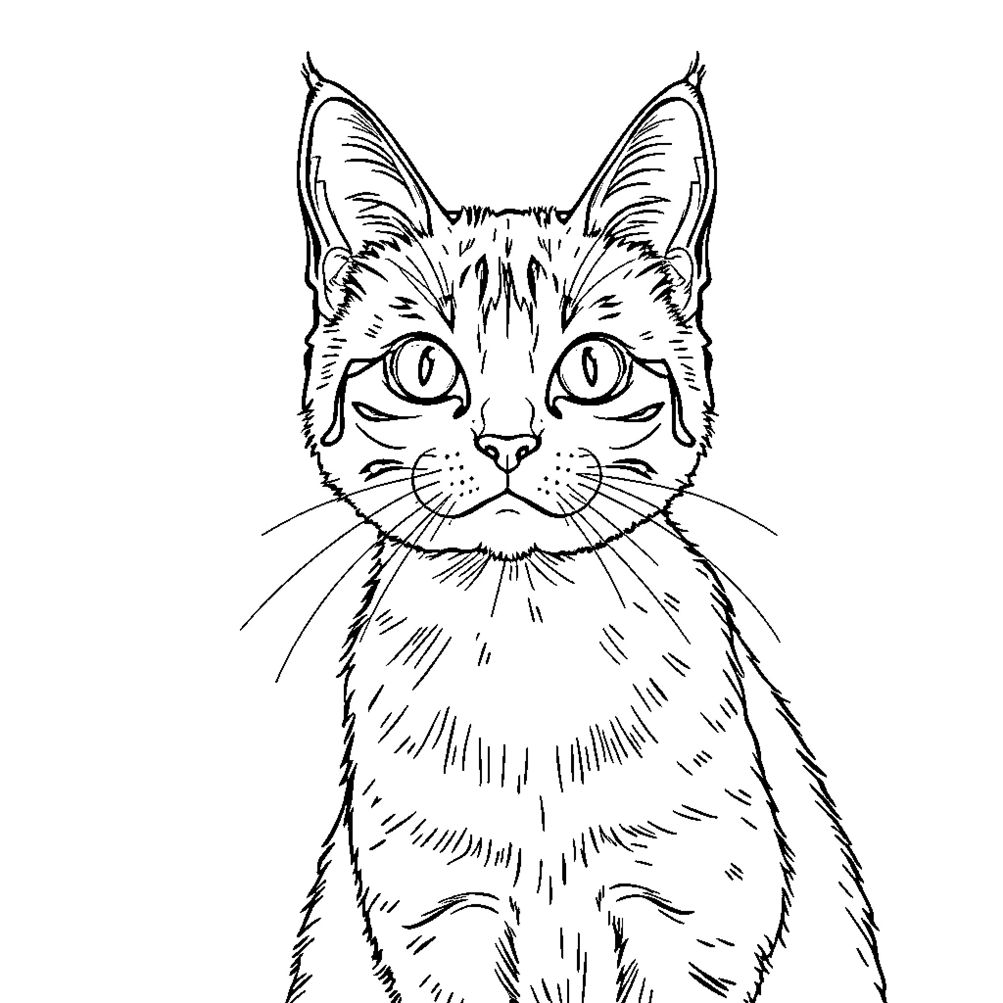 Cat Illustration with Detailed Facial Features Coloring Page (free black-and-white line drawing printable PDF for all, from beginners to advanced learners, including children, teens, adults, and seniors)