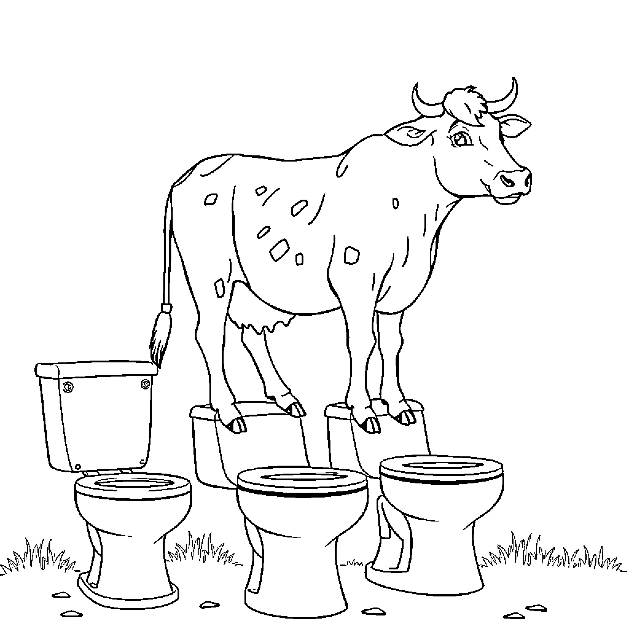 Cow standing on toilet seats Coloring Page (free black-and-white line drawing printable PDF for all, from beginners to advanced learners, including children, teens, adults, and seniors)