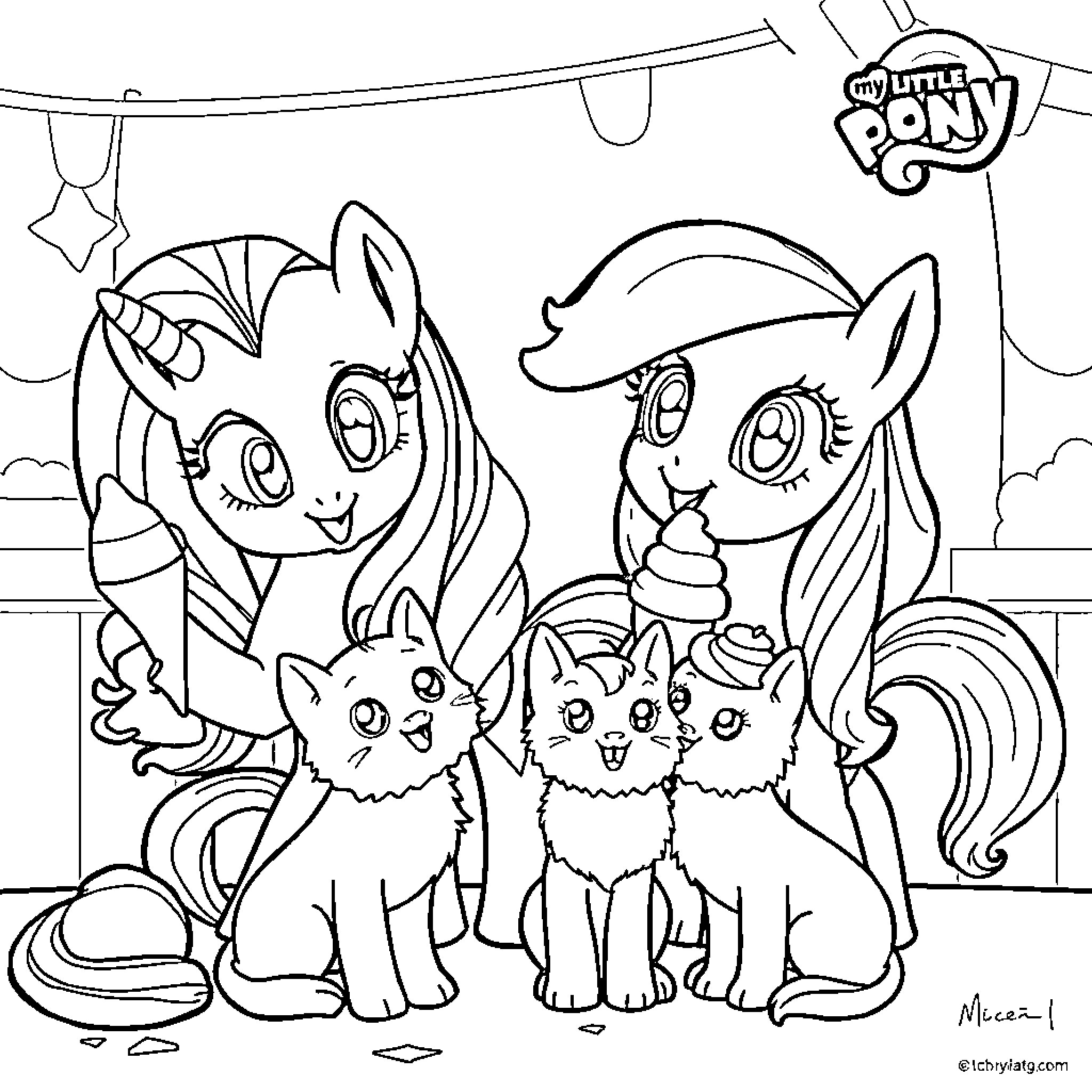Pony family gathered for a celebration Coloring Page (free black-and-white line drawing printable PDF for all, from beginners to advanced learners, including children, teens, adults, and seniors)