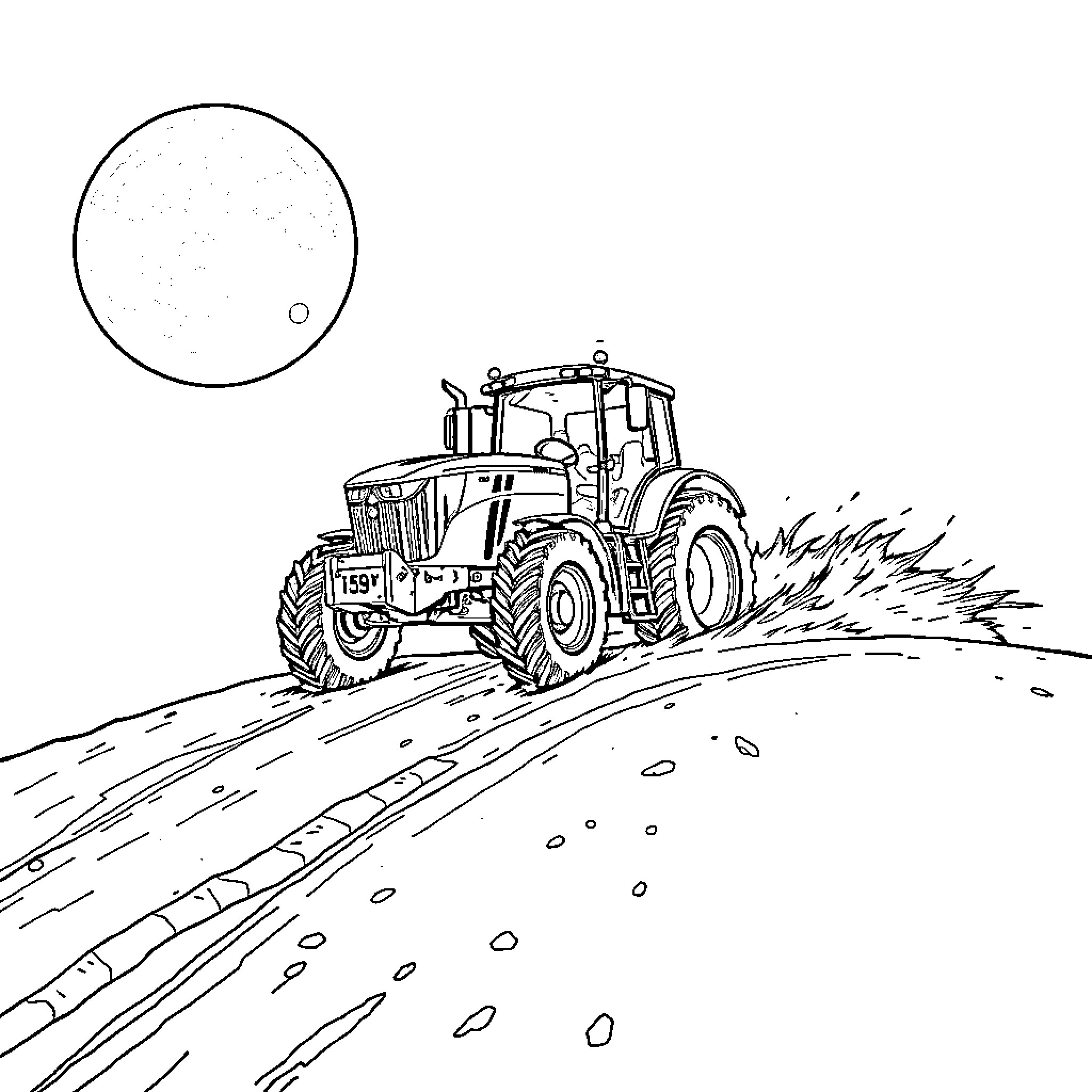 Tractor working hard on the field under the moon Coloring Page (free black-and-white line drawing printable PDF for all, from beginners to advanced learners, including children, teens, adults, and seniors)