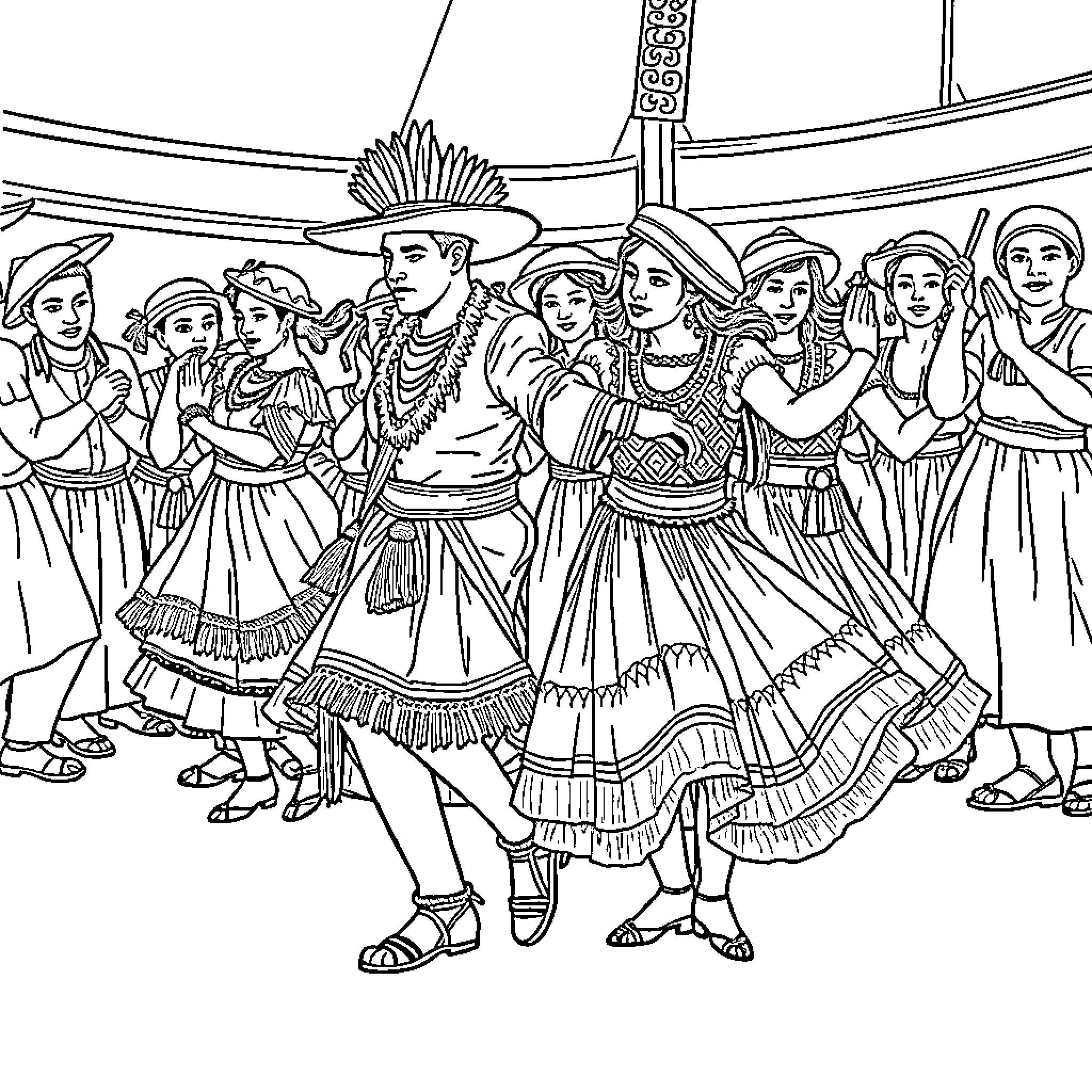 Danza: Vibrant Cultural Performance with Elaborately Dressed Dancers Coloring Page (free black-and-white line drawing printable PDF for all, from beginners to advanced learners, including children, teens, adults, and seniors)