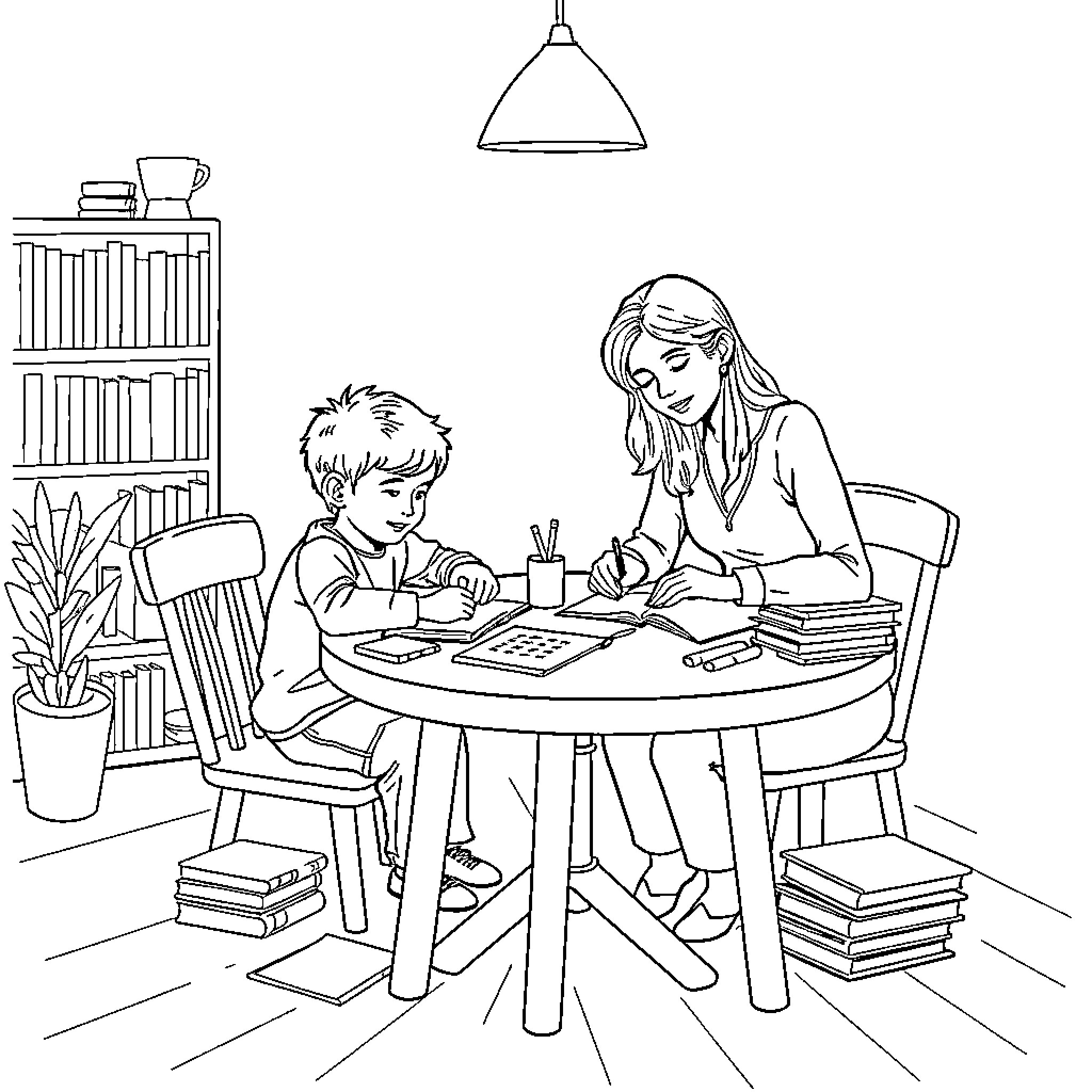 Mom Assisting Child with Homework at Home Coloring Page (free black-and-white line drawing printable PDF for all, from beginners to advanced learners, including children, teens, adults, and seniors)