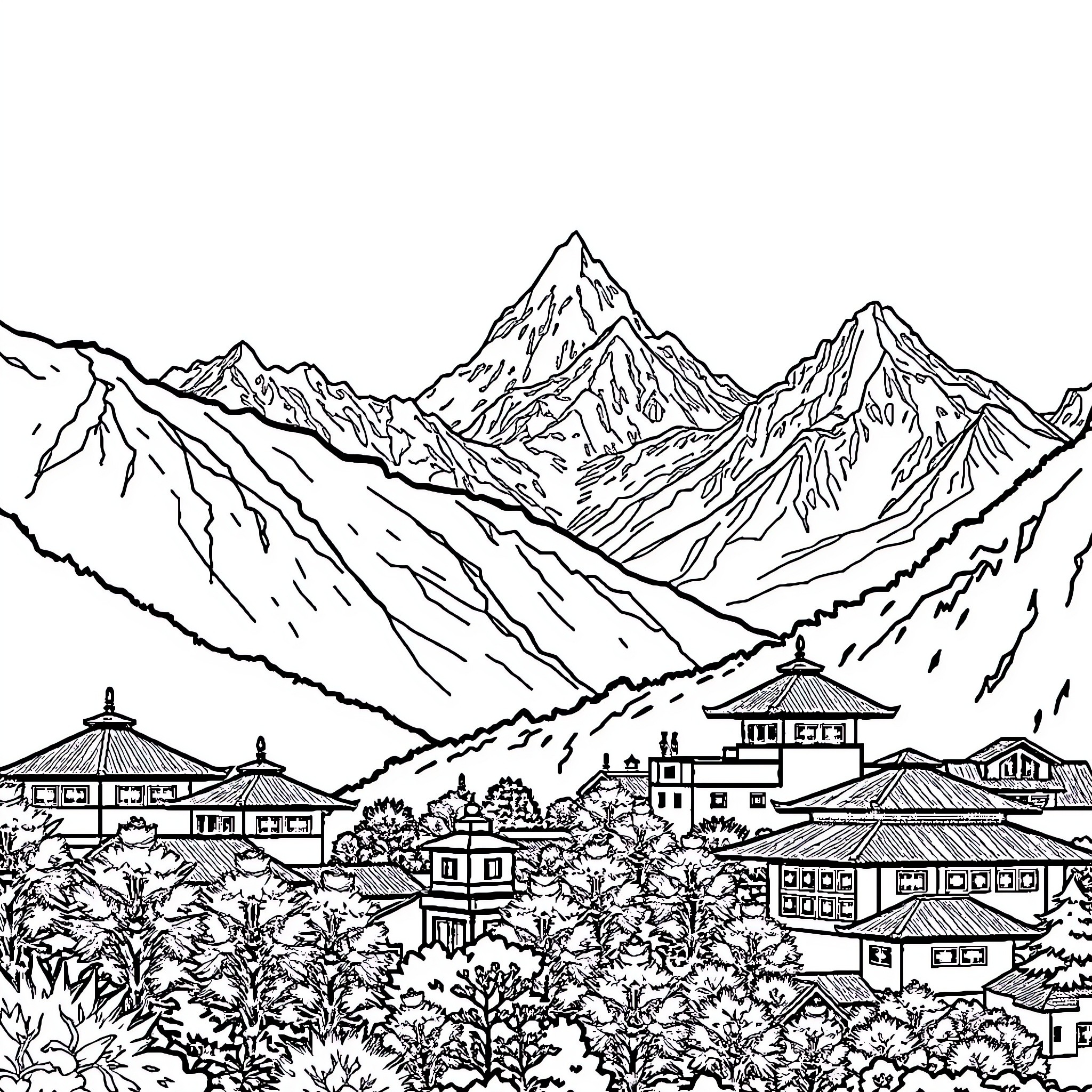 Nepal: Majestic Mountain Landscape and Quaint Village Coloring Page (free black-and-white line drawing printable PDF for all, from beginners to advanced learners, including children, teens, adults, and seniors)