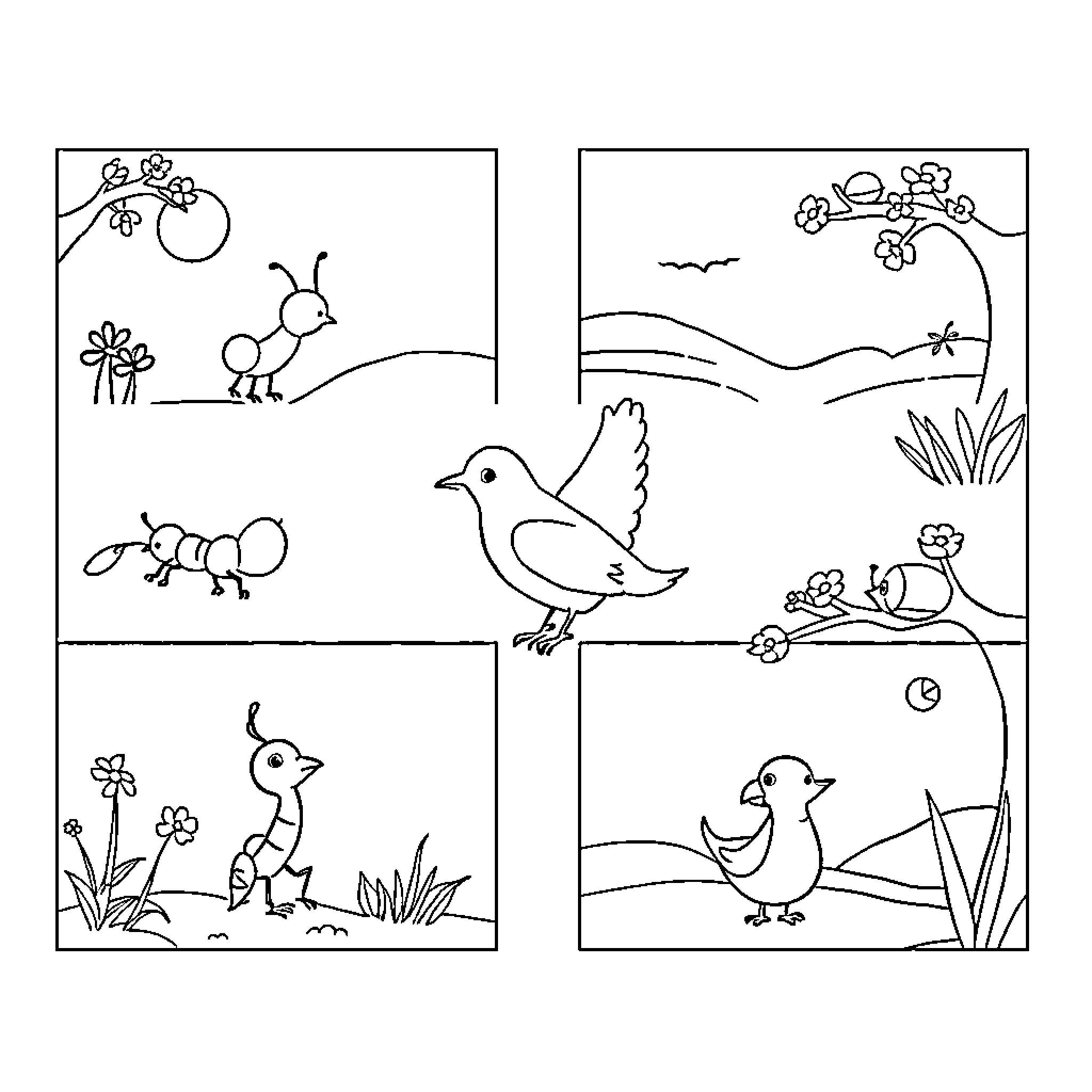 Ant and Dove in Nature's Harmony Coloring Page (free black-and-white line drawing printable PDF for all, from beginners to advanced learners, including children, teens, adults, and seniors)