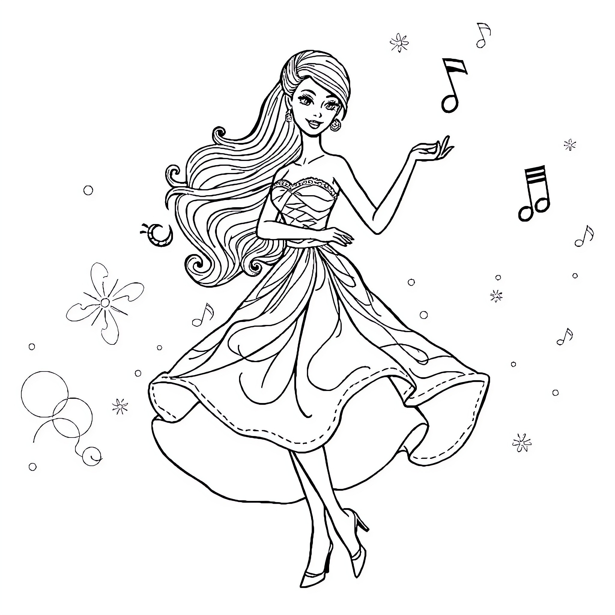 Barbie dancing gracefully with musical notes Coloring Page (free black-and-white line drawing printable PDF for all, from beginners to advanced learners, including children, teens, adults, and seniors)
