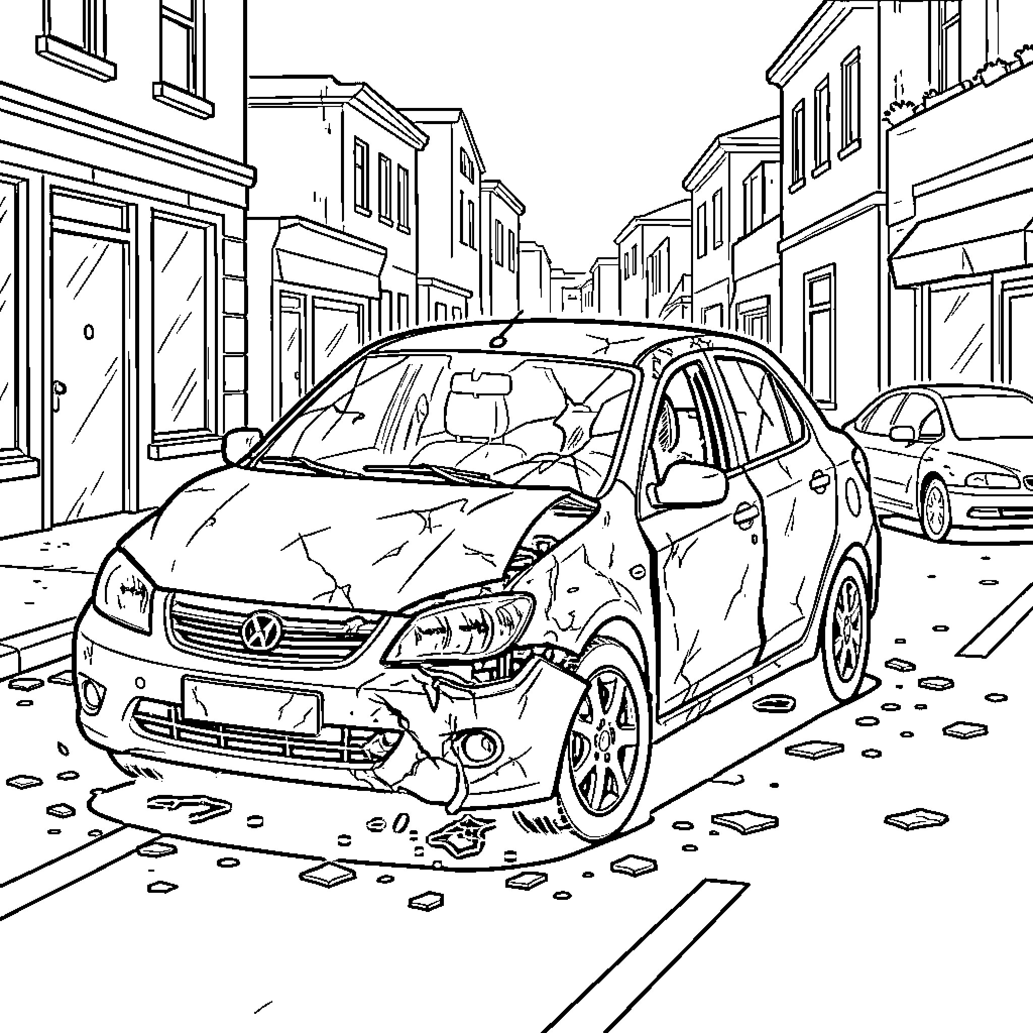 Car Accident on a City Street Coloring Page (free black-and-white line drawing printable PDF for all, from beginners to advanced learners, including children, teens, adults, and seniors)