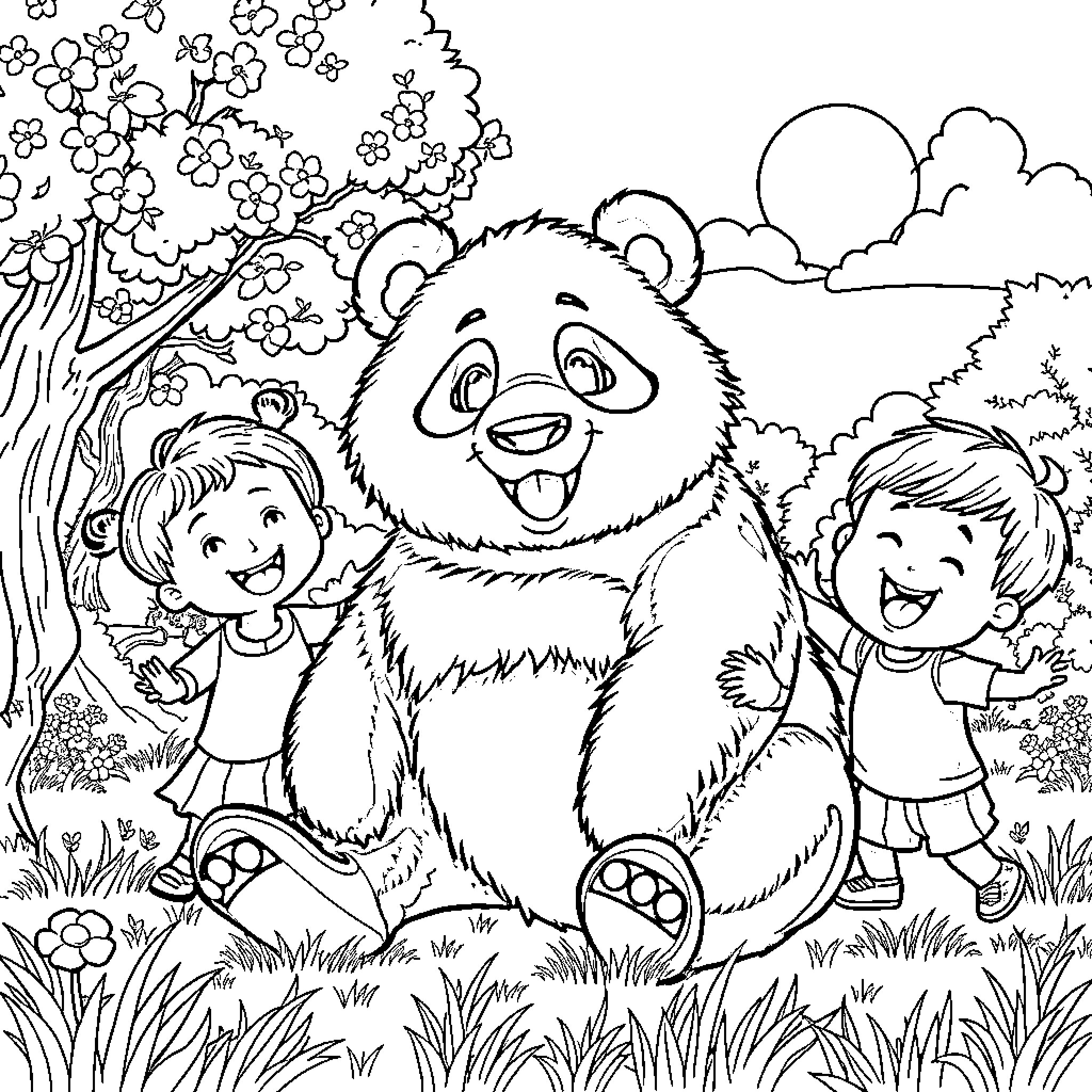 Panda and children playing happily in the park Coloring Page (free black-and-white line drawing printable PDF for all, from beginners to advanced learners, including children, teens, adults, and seniors)