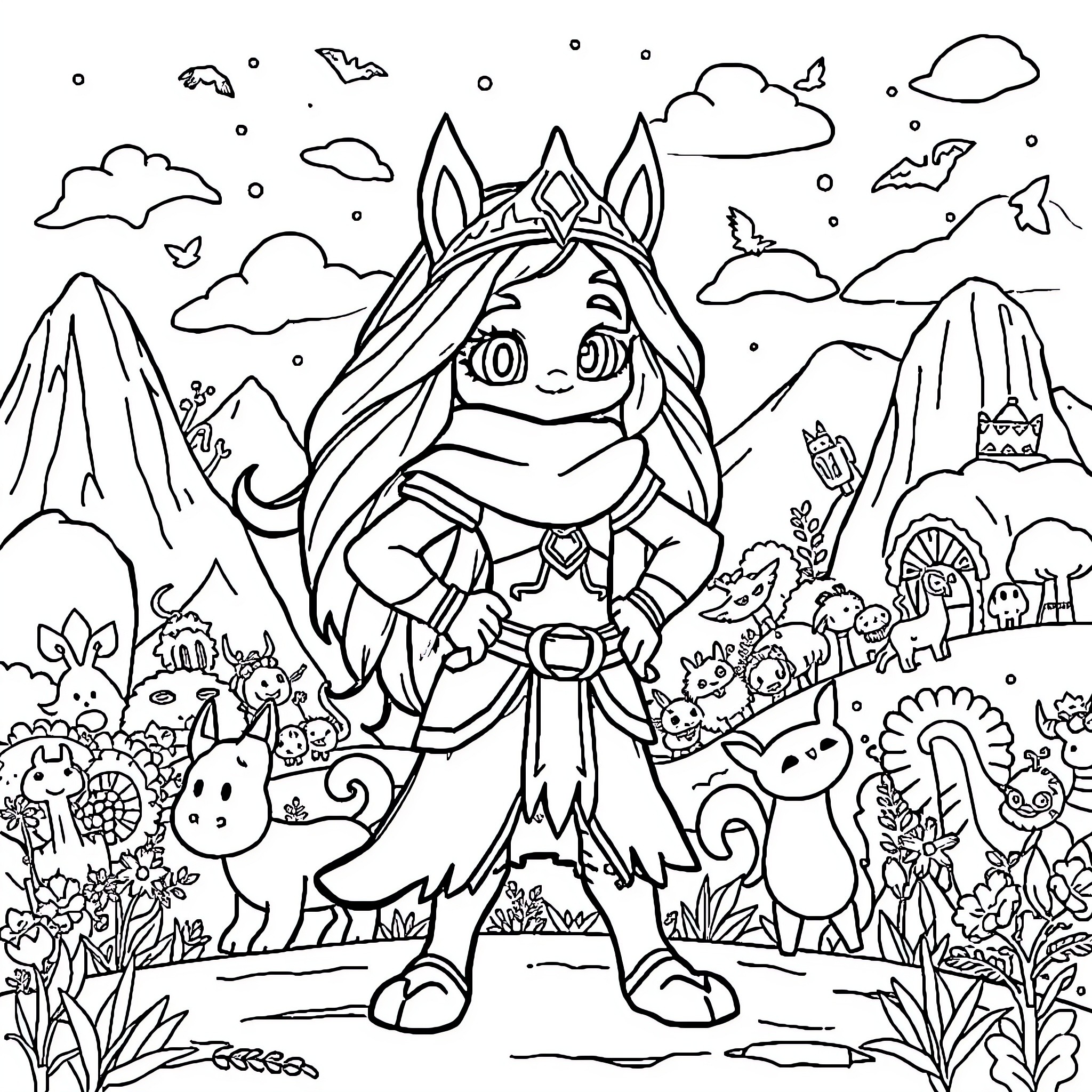 Rumi's Magical Adventure in a Whimsical Wonderland Coloring Page (free black-and-white line drawing printable PDF for all, from beginners to advanced learners, including children, teens, adults, and seniors)