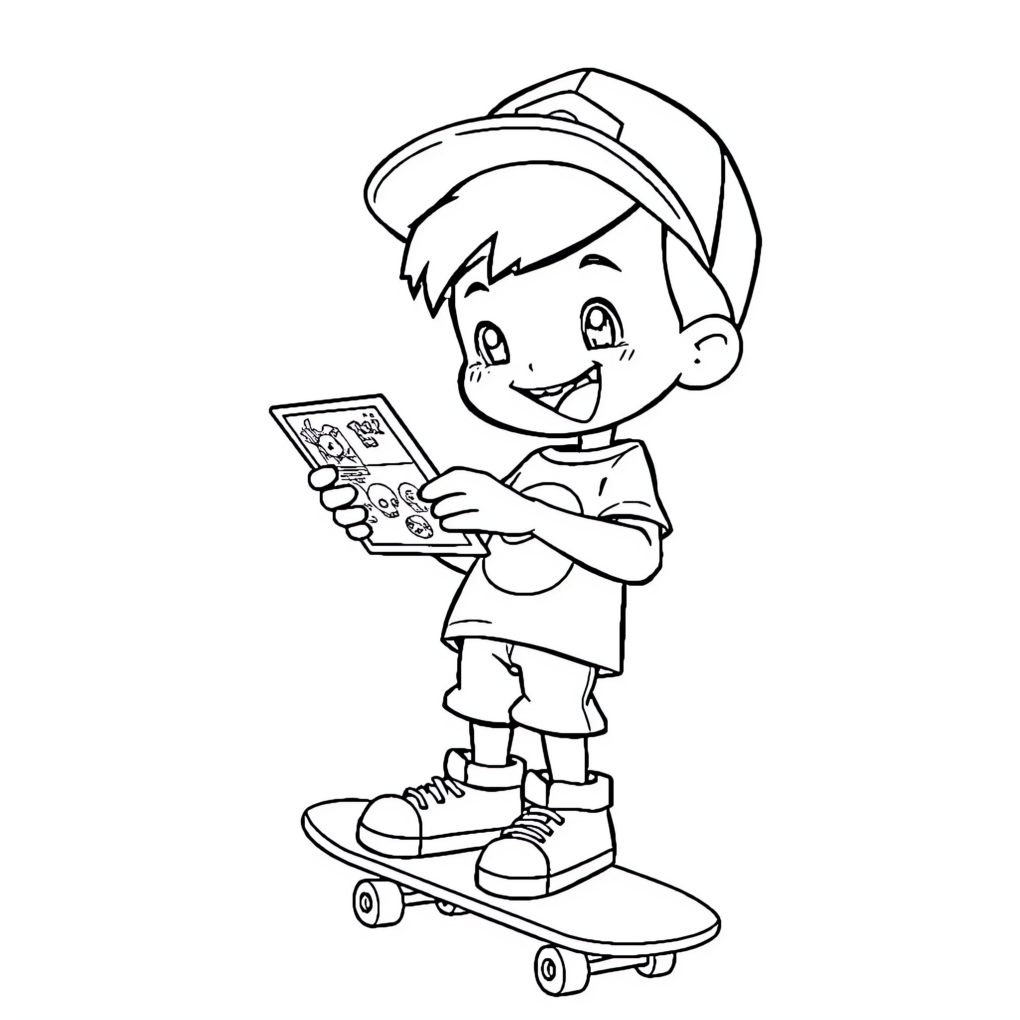Kid playing video game on skateboard Coloring Page (free black-and-white line drawing printable PDF for all, from beginners to advanced learners, including children, teens, adults, and seniors)