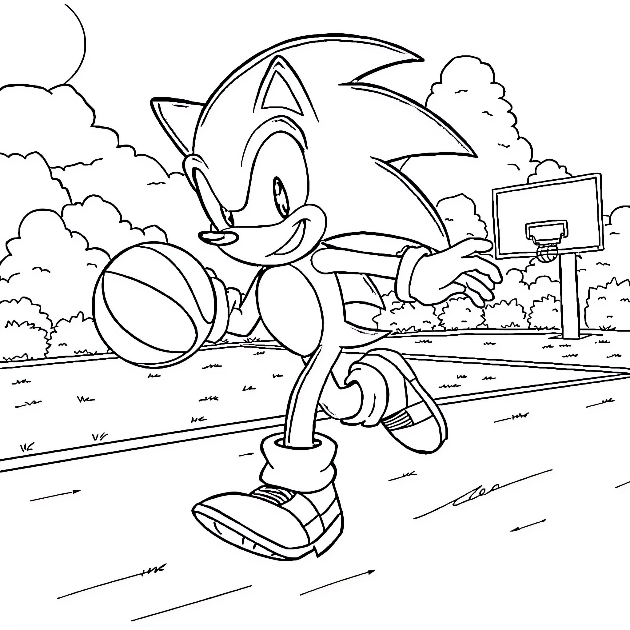 Sonic playing with a basketball on the court Coloring Page (free black-and-white line drawing printable PDF for all, from beginners to advanced learners, including children, teens, adults, and seniors)