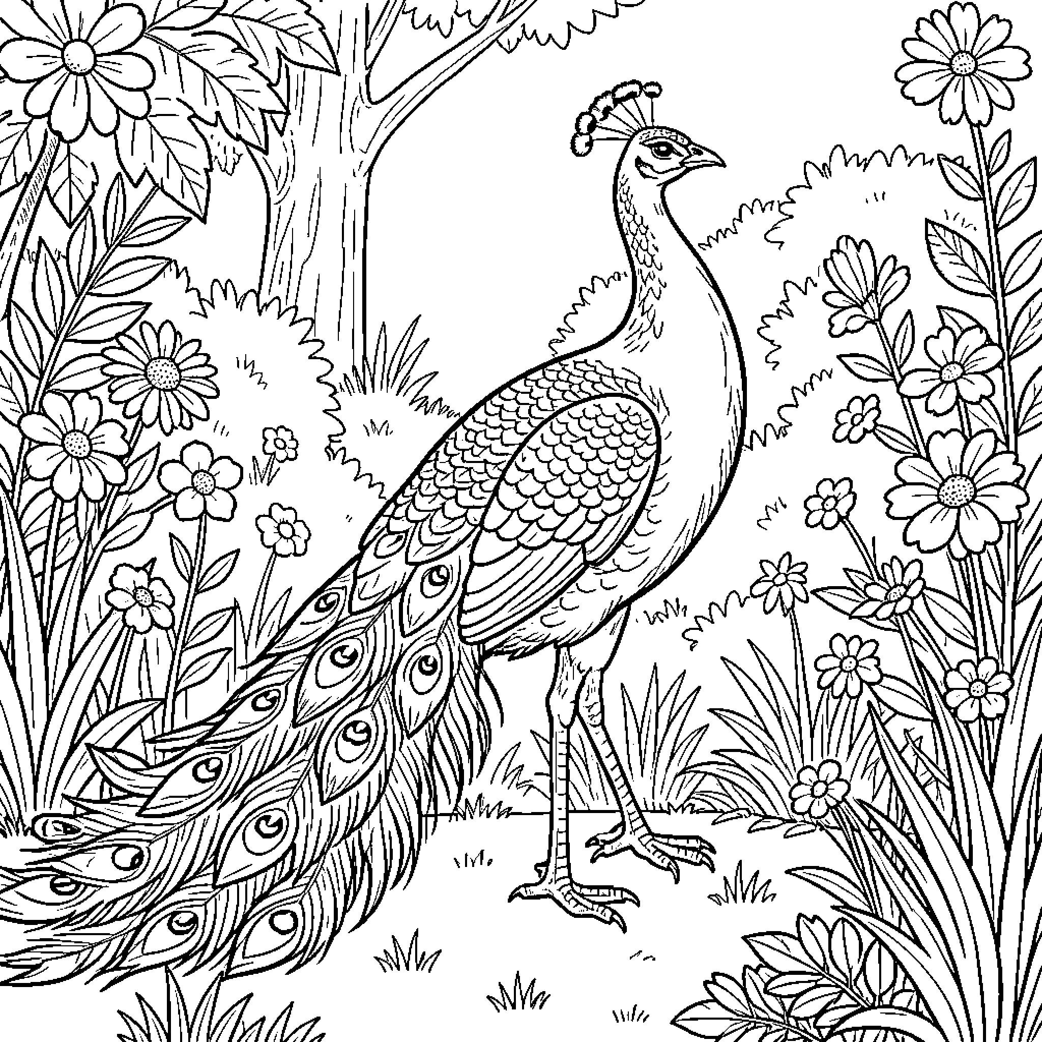 Peacock standing gracefully amidst blooming garden flowers Coloring Page (free black-and-white line drawing printable PDF for all, from beginners to advanced learners, including children, teens, adults, and seniors)