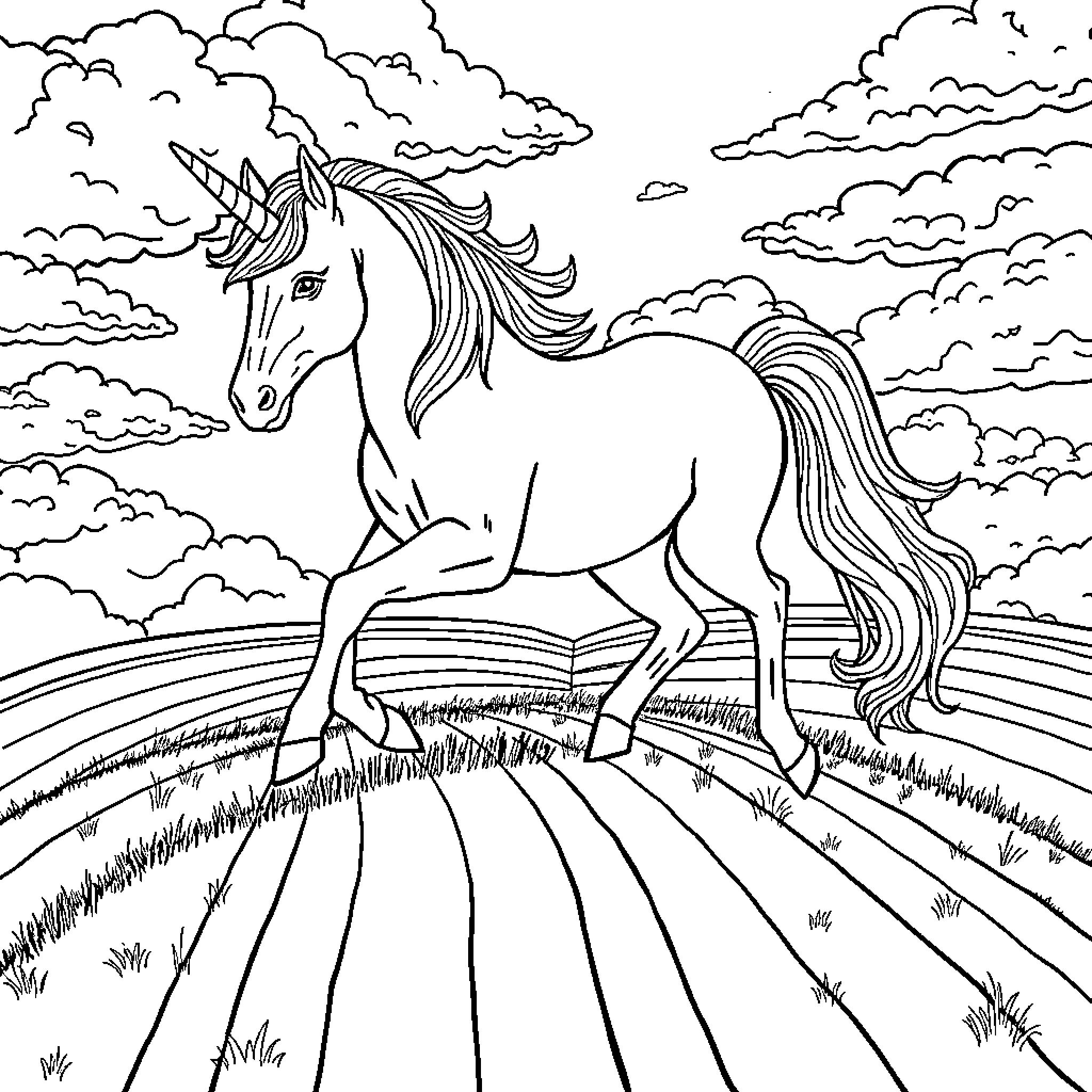 Unicorn galloping through enchanted fields Coloring Page (free black-and-white line drawing printable PDF for all, from beginners to advanced learners, including children, teens, adults, and seniors)