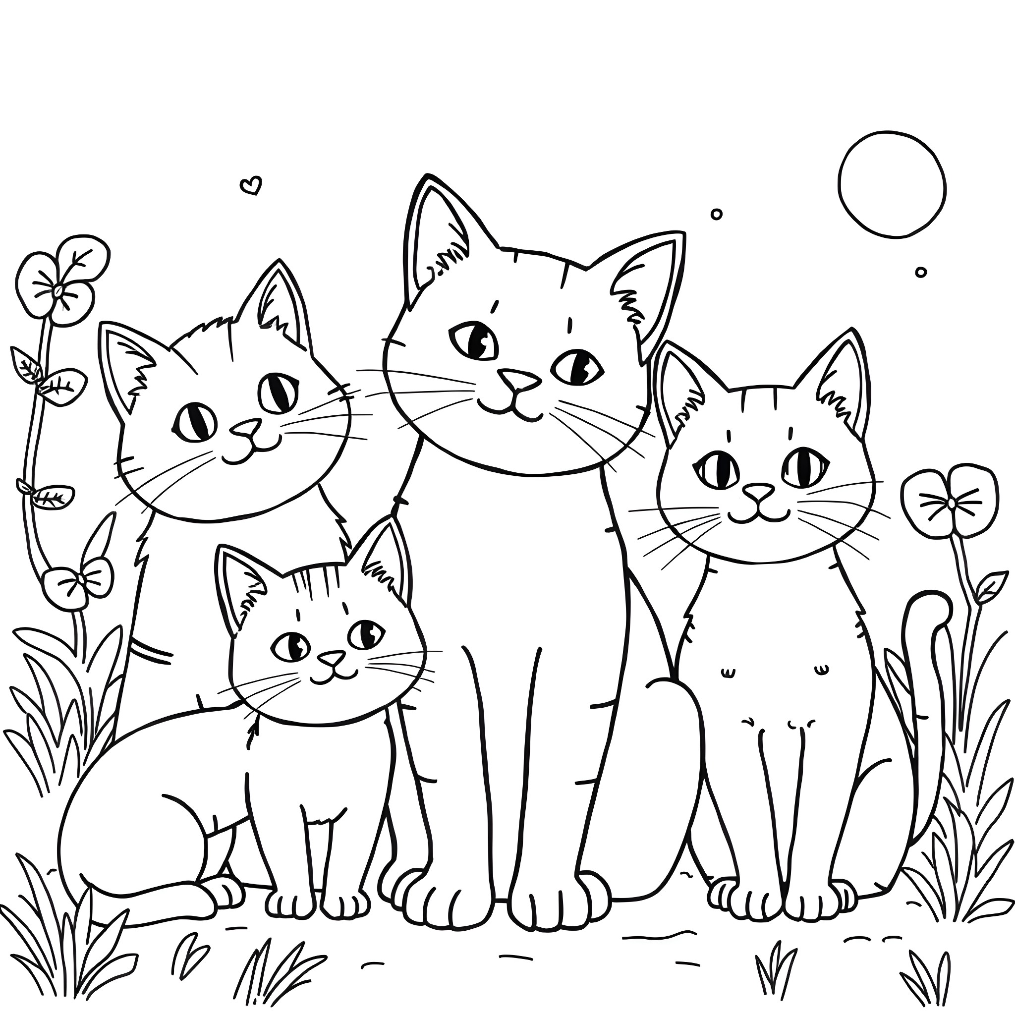 Cat family in a floral garden Coloring Page (free black-and-white line drawing printable PDF for all, from beginners to advanced learners, including children, teens, adults, and seniors)