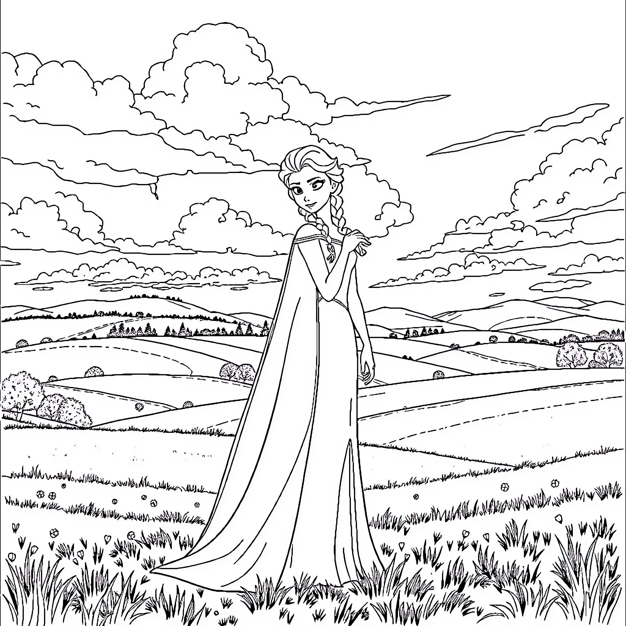 Elsa enjoying a serene landscape in her elegant gown Coloring Page (free black-and-white line drawing printable PDF for all, from beginners to advanced learners, including children, teens, adults, and seniors)
