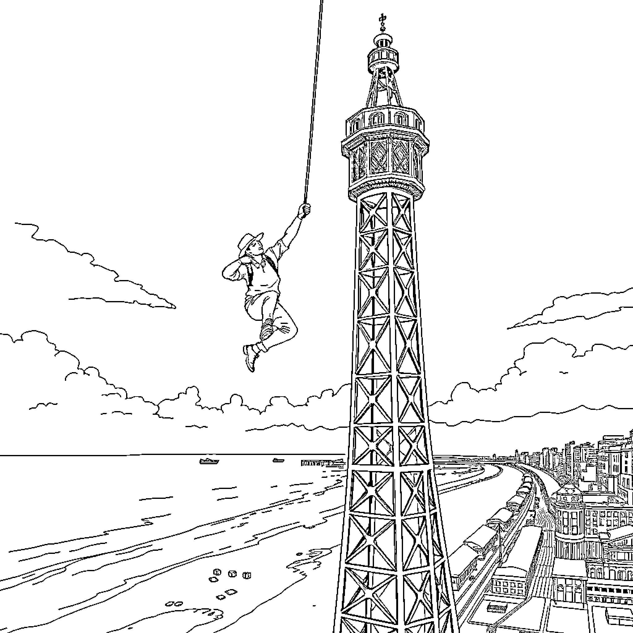 Man bungee jumping from tall tower over city Coloring Page (free black-and-white line drawing printable PDF for all, from beginners to advanced learners, including children, teens, adults, and seniors)