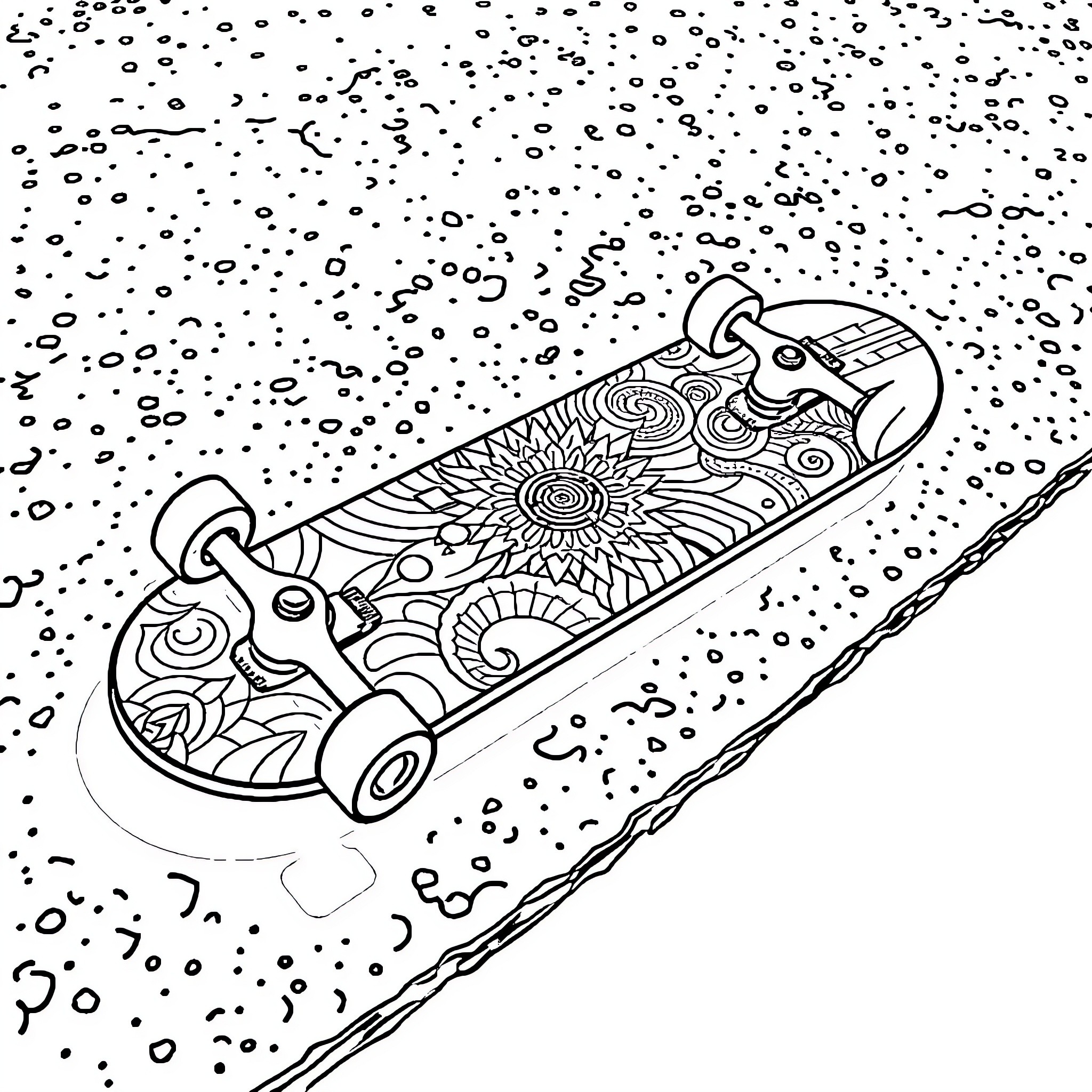 Skateboard with intricate patterned design in snowy scene Coloring Page (free black-and-white line drawing printable PDF for all, from beginners to advanced learners, including children, teens, adults, and seniors)
