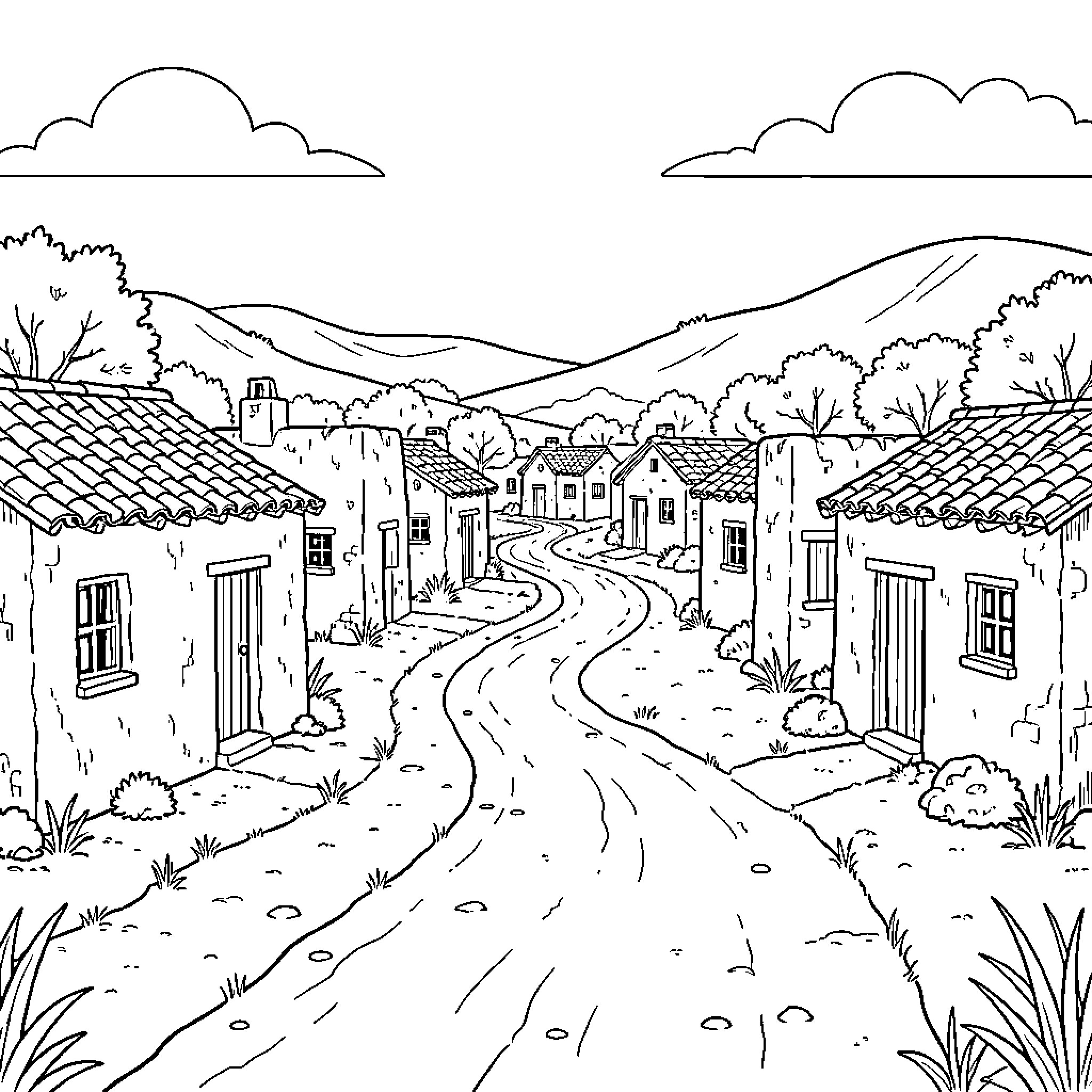 Pueblo village houses lining a winding dirt road Coloring Page (free black-and-white line drawing printable PDF for all, from beginners to advanced learners, including children, teens, adults, and seniors)