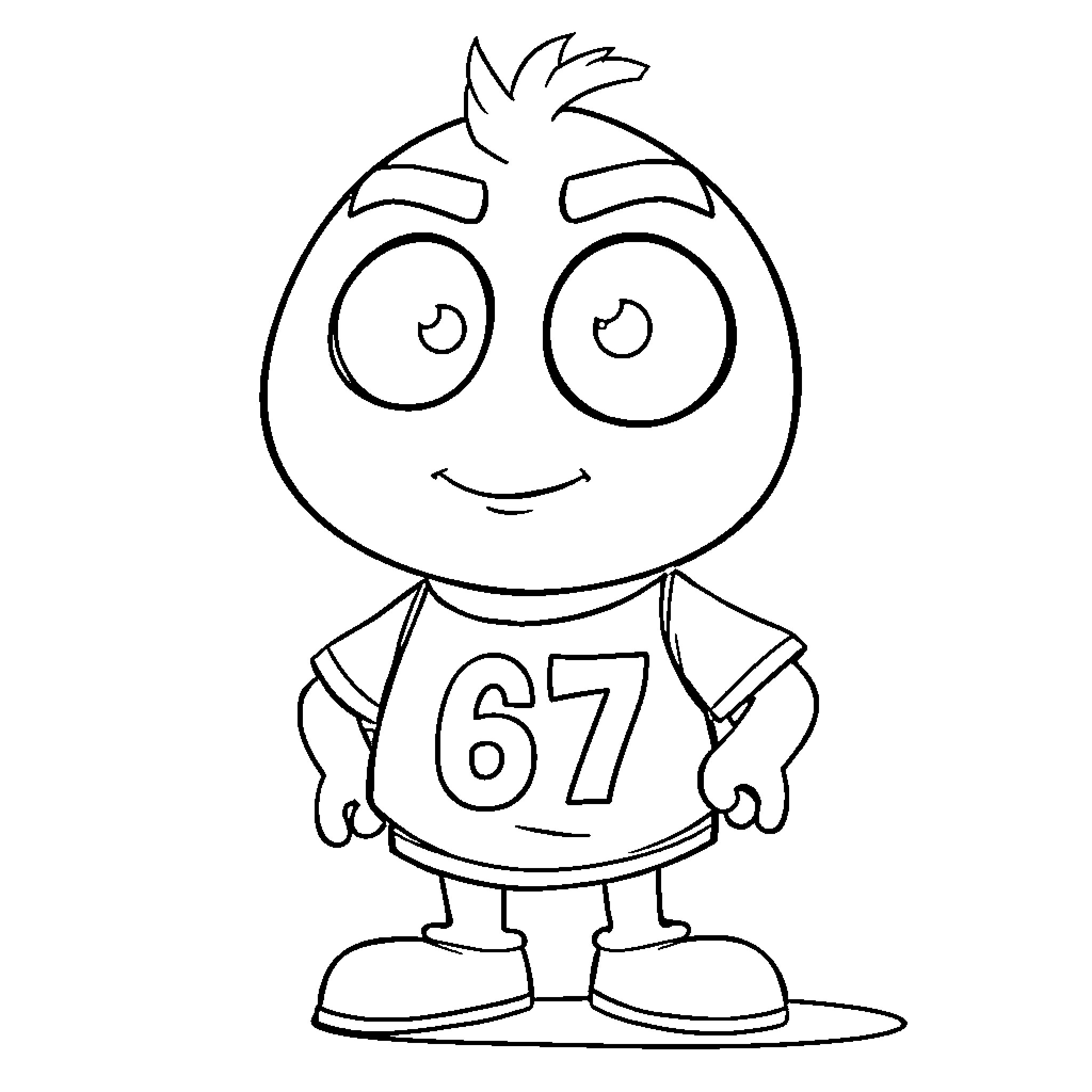 Number 67: Cheerful cartoon character with a smile Coloring Page (free black-and-white line drawing printable PDF for all, from beginners to advanced learners, including children, teens, adults, and seniors)