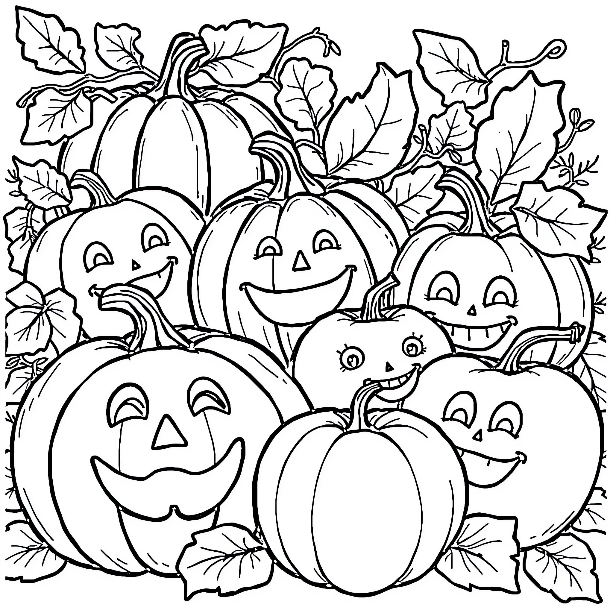 Food pumpkins with smiling faces and autumn leaves Coloring Page (free black-and-white line drawing printable PDF for all, from beginners to advanced learners, including children, teens, adults, and seniors)