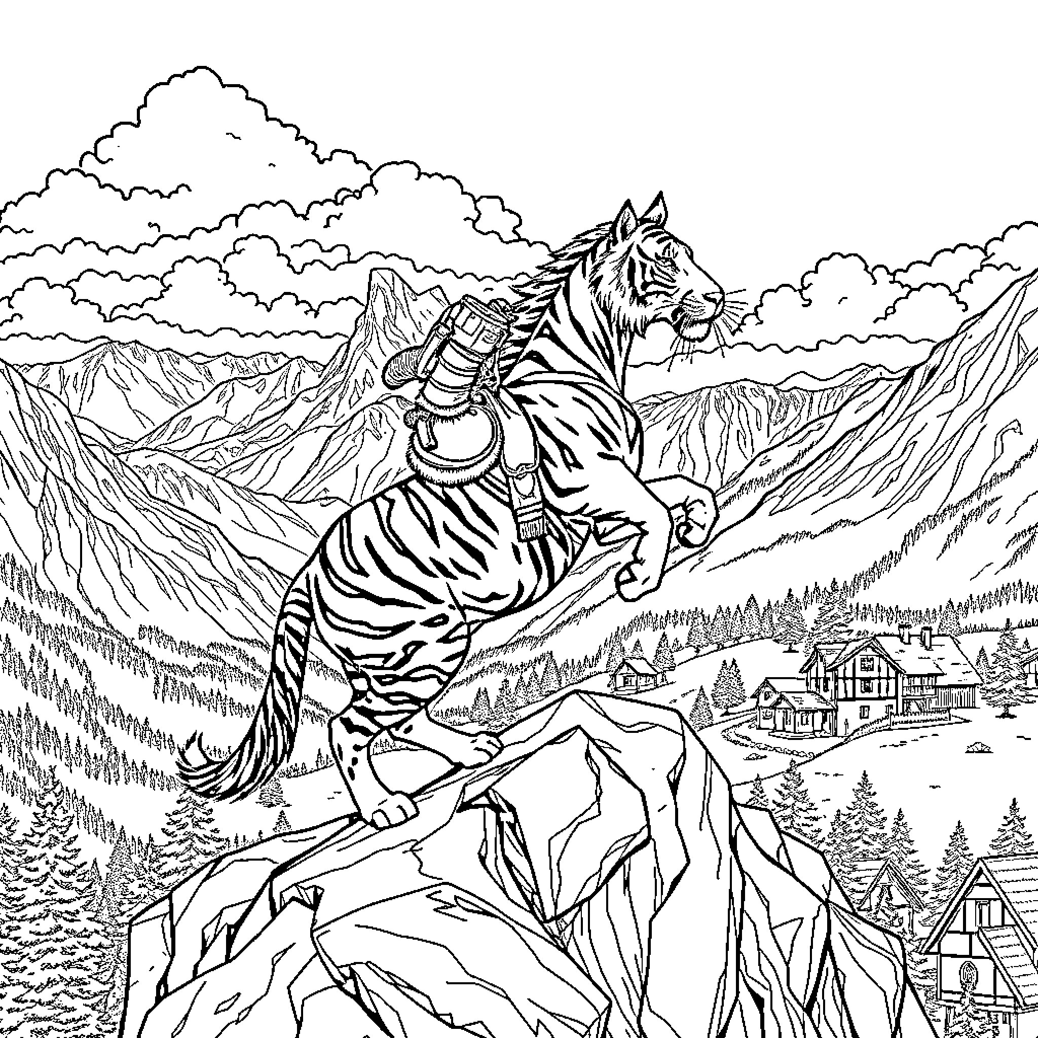 Tiger Majestically Roaming the Mountainous Landscape Coloring Page (free black-and-white line drawing printable PDF for all, from beginners to advanced learners, including children, teens, adults, and seniors)