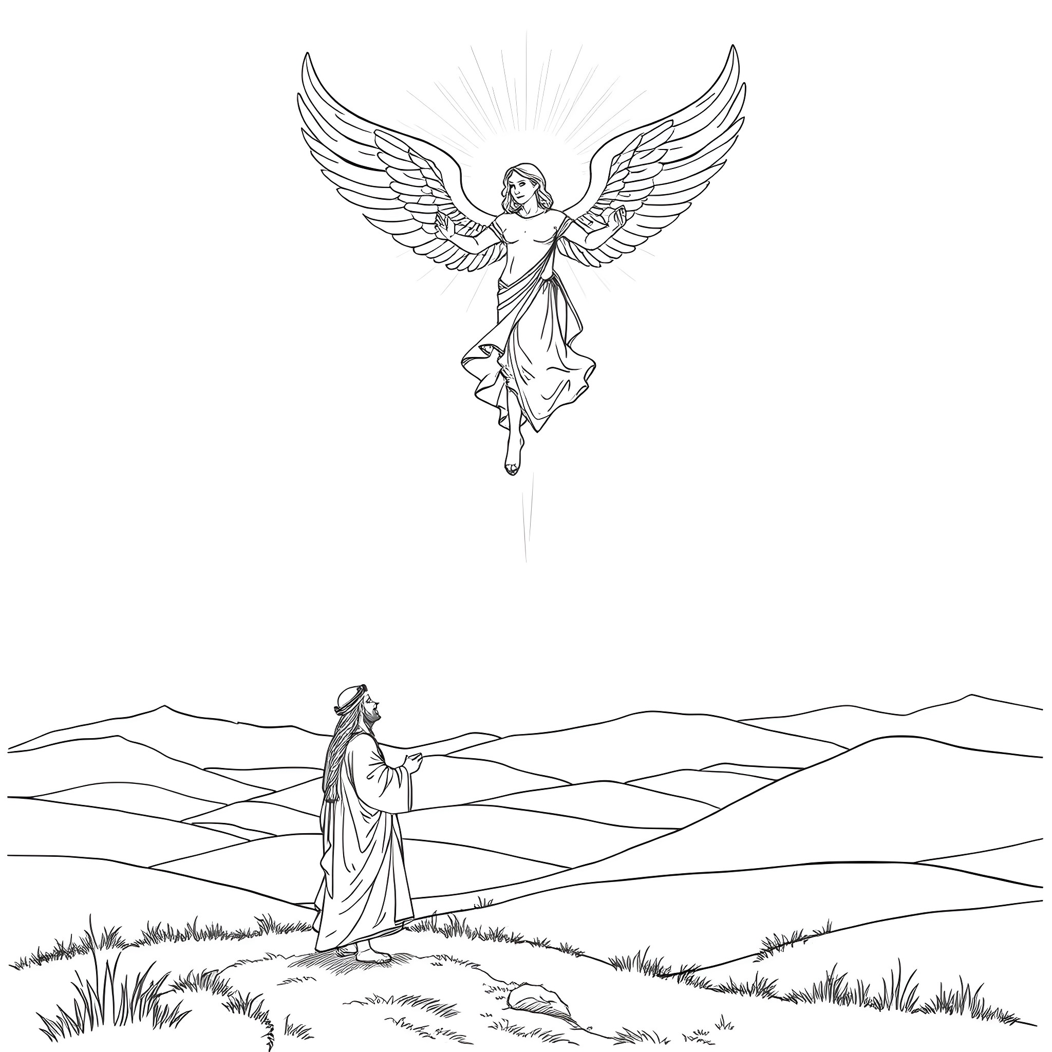 Angel of Radiance Watching Over the Landscape Coloring Page (free black-and-white line drawing printable PDF for all, from beginners to advanced learners, including children, teens, adults, and seniors)