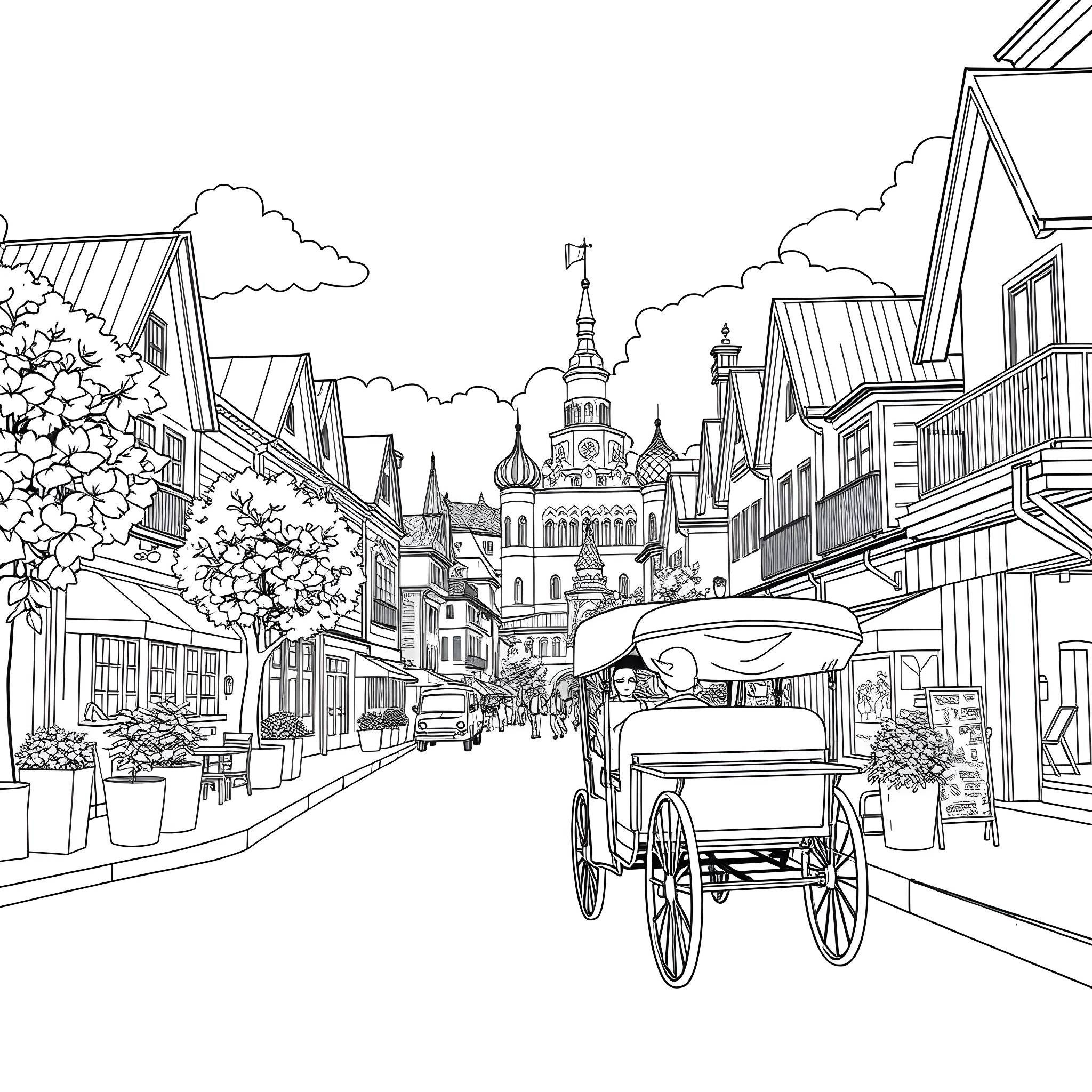 Rickshaw ride through historic city streets Coloring Page (free black-and-white line drawing printable PDF for all, from beginners to advanced learners, including children, teens, adults, and seniors)