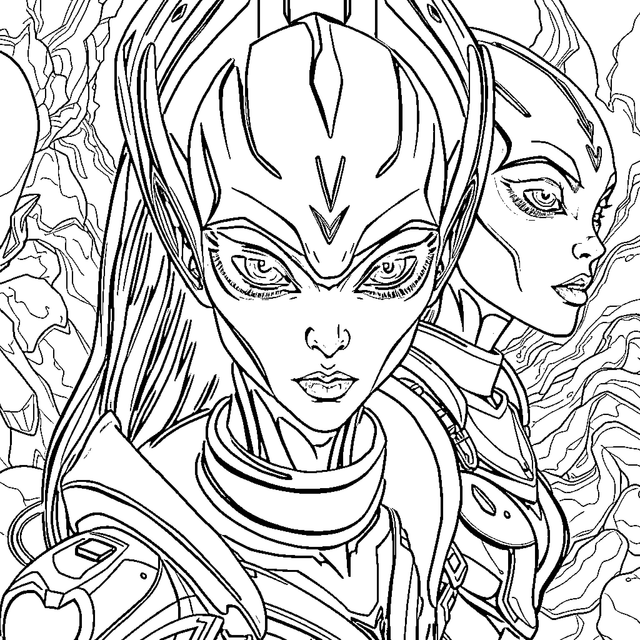Alien Warrior's Intense Gaze Coloring Page (free black-and-white line drawing printable PDF for all, from beginners to advanced learners, including children, teens, adults, and seniors)