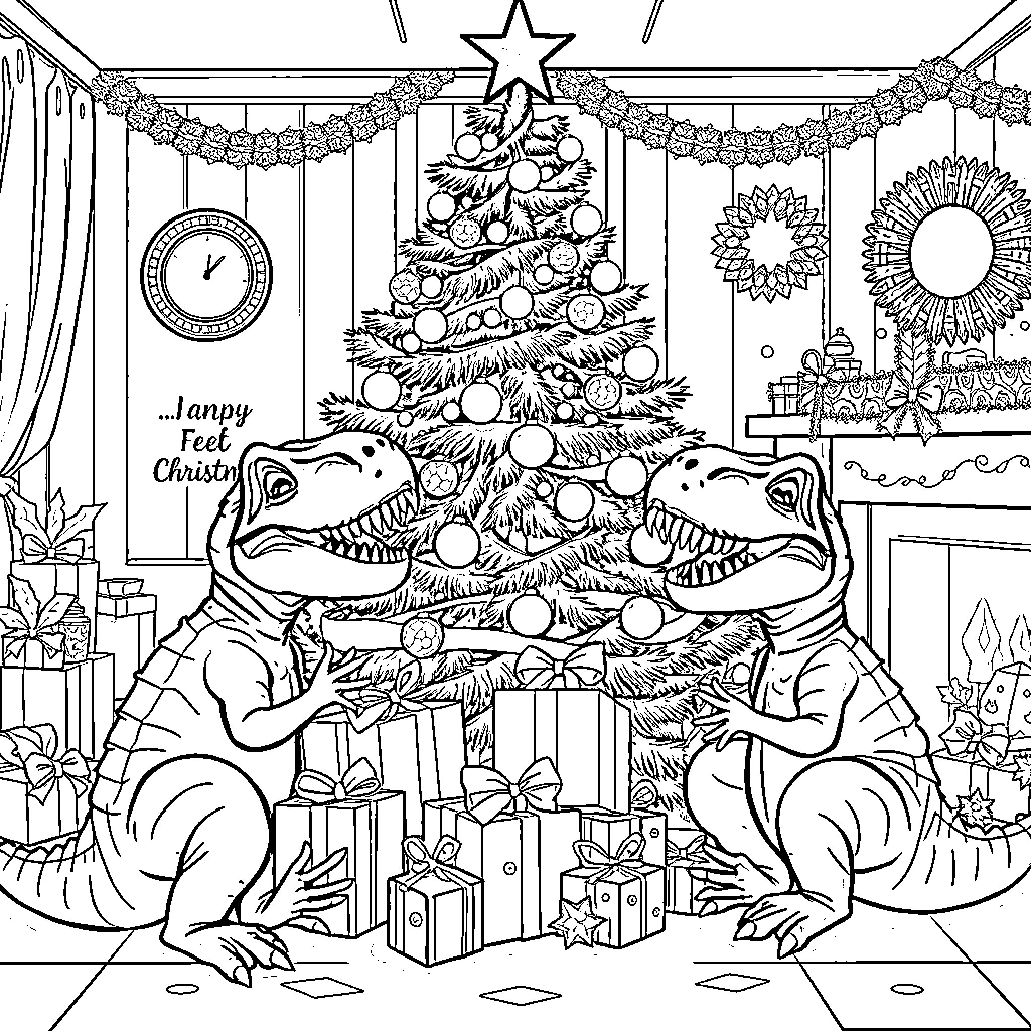 T-Rex Celebrating Christmas with Decorated Tree Coloring Page (free black-and-white line drawing printable PDF for all, from beginners to advanced learners, including children, teens, adults, and seniors)