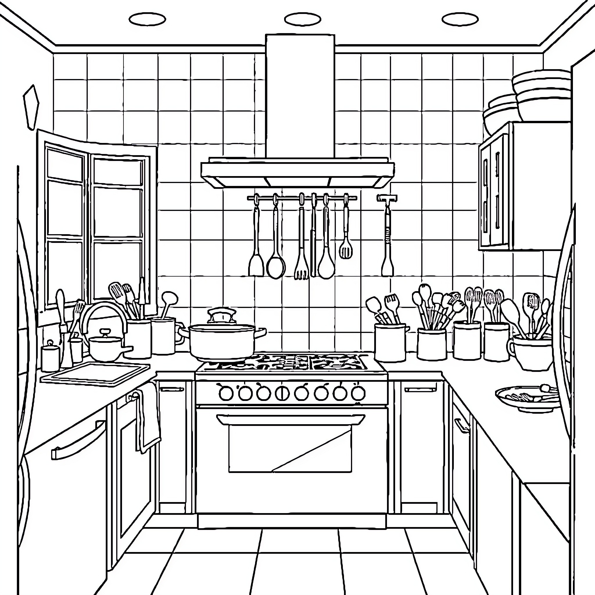 Kitchen filled with cooking utensils and appliances Coloring Page (free black-and-white line drawing printable PDF for all, from beginners to advanced learners, including children, teens, adults, and seniors)
