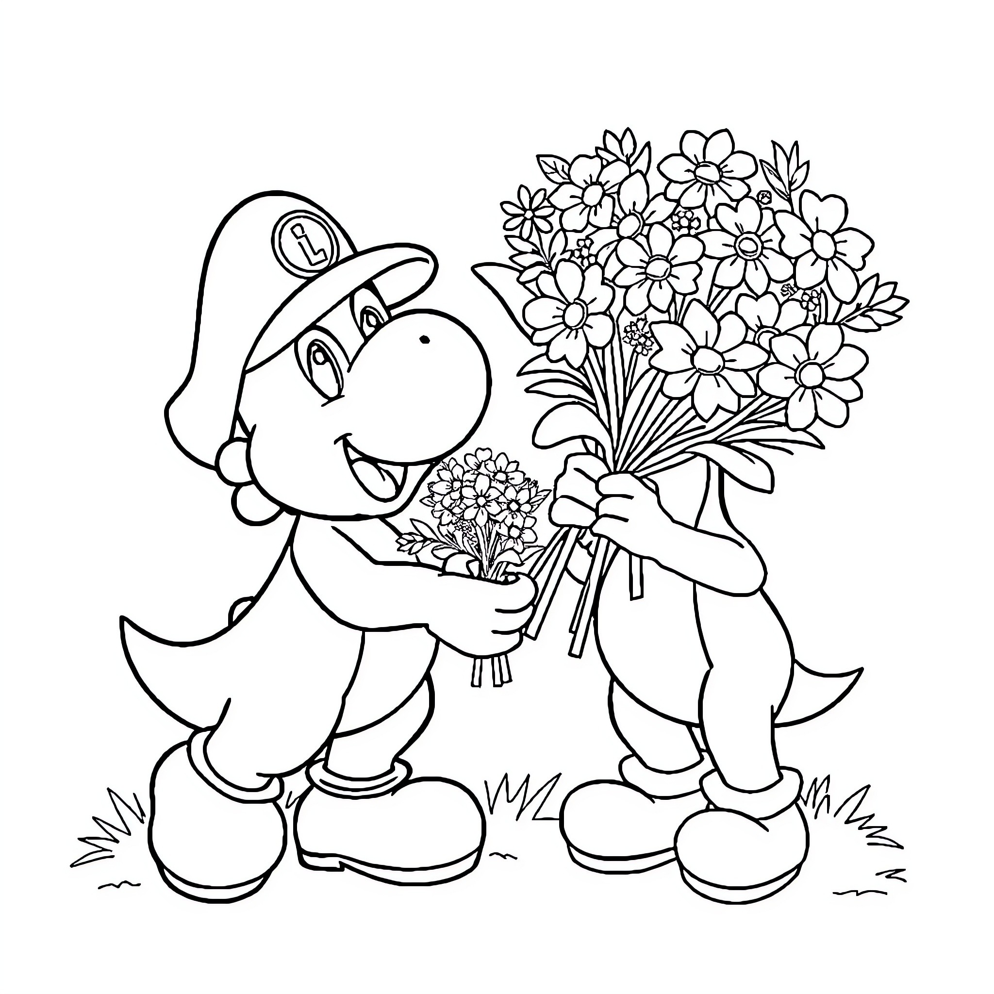 Yoshi holding a bouquet of flowers Coloring Page (free black-and-white line drawing printable PDF for all, from beginners to advanced learners, including children, teens, adults, and seniors)