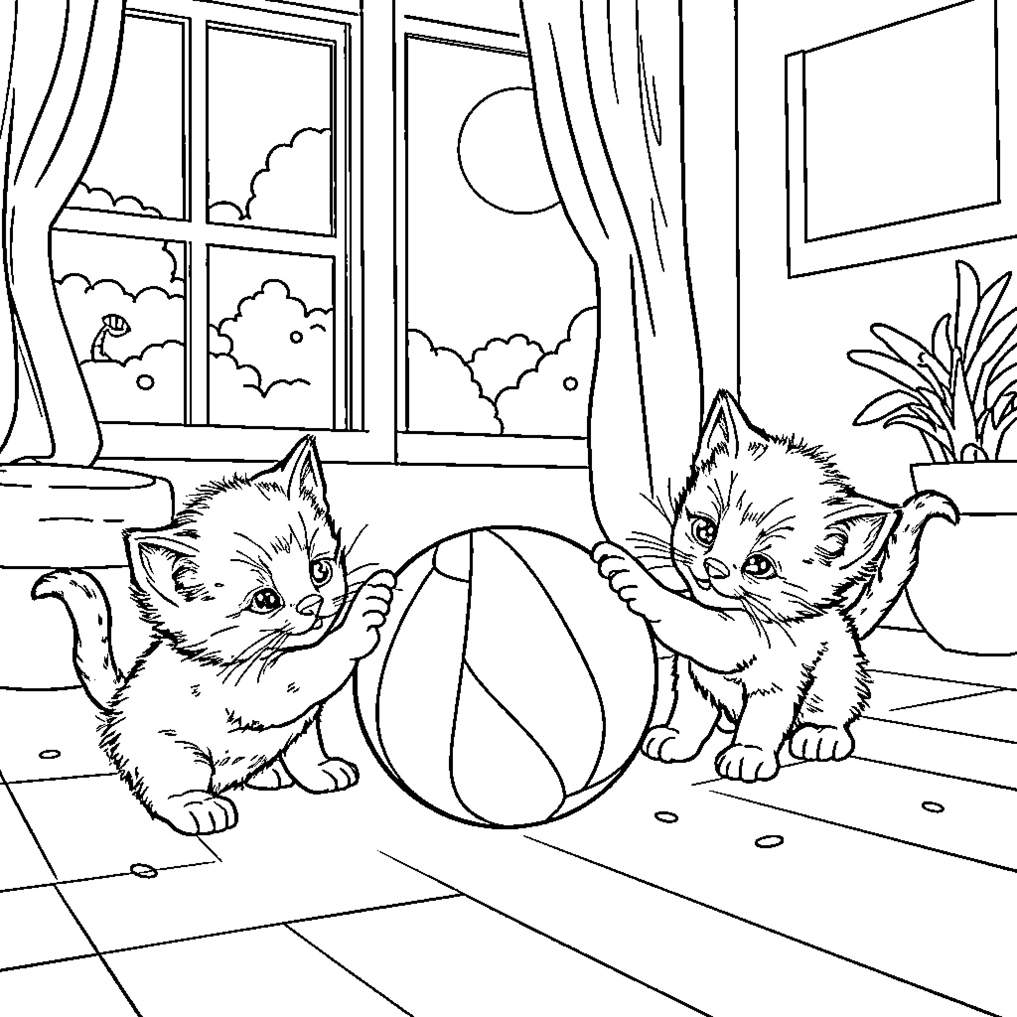Kittens Playing with Ball in Home Coloring Page (free black-and-white line drawing printable PDF for all, from beginners to advanced learners, including children, teens, adults, and seniors)
