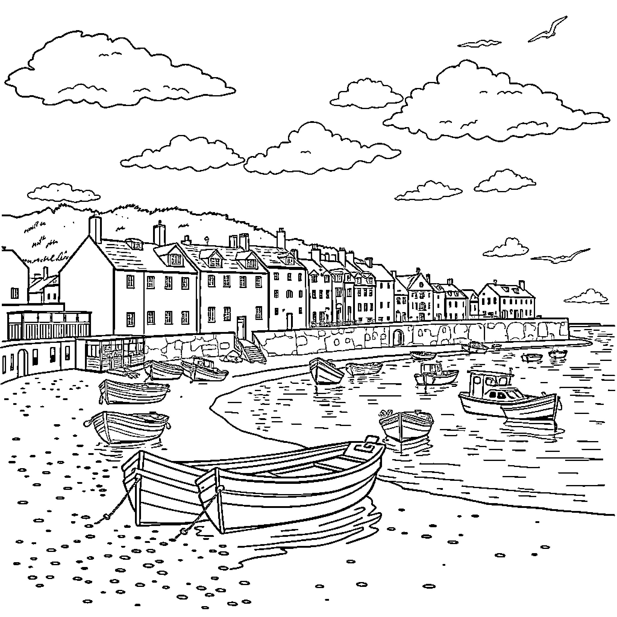 Broughty Ferry harbor scene with boats and buildings Coloring Page (free black-and-white line drawing printable PDF for all, from beginners to advanced learners, including children, teens, adults, and seniors)