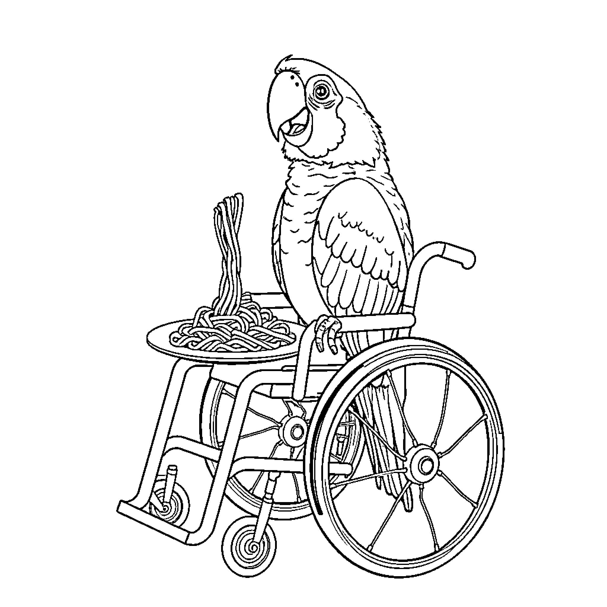 Parrot enjoying a meal in a wheelchair Coloring Page (free black-and-white line drawing printable PDF for all, from beginners to advanced learners, including children, teens, adults, and seniors)