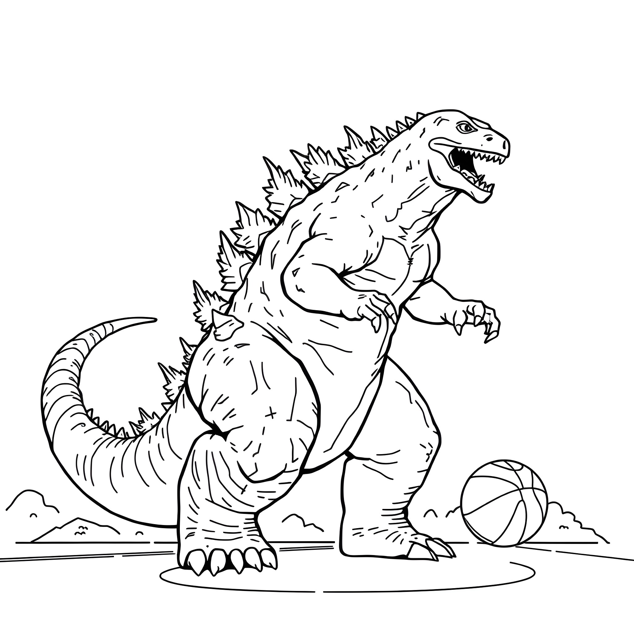 Godzilla rampaging through a city with a beach ball Coloring Page (free black-and-white line drawing printable PDF for all, from beginners to advanced learners, including children, teens, adults, and seniors)