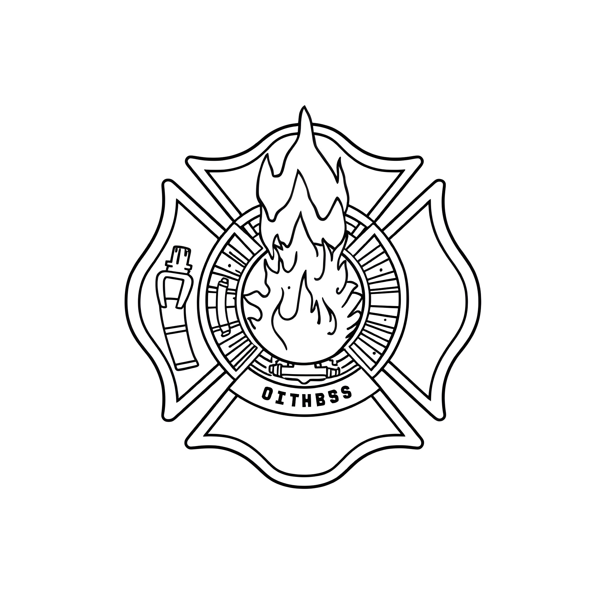 Fire Dept Emblem with Flames and Torch Coloring Page (free black-and-white line drawing printable PDF for all, from beginners to advanced learners, including children, teens, adults, and seniors)