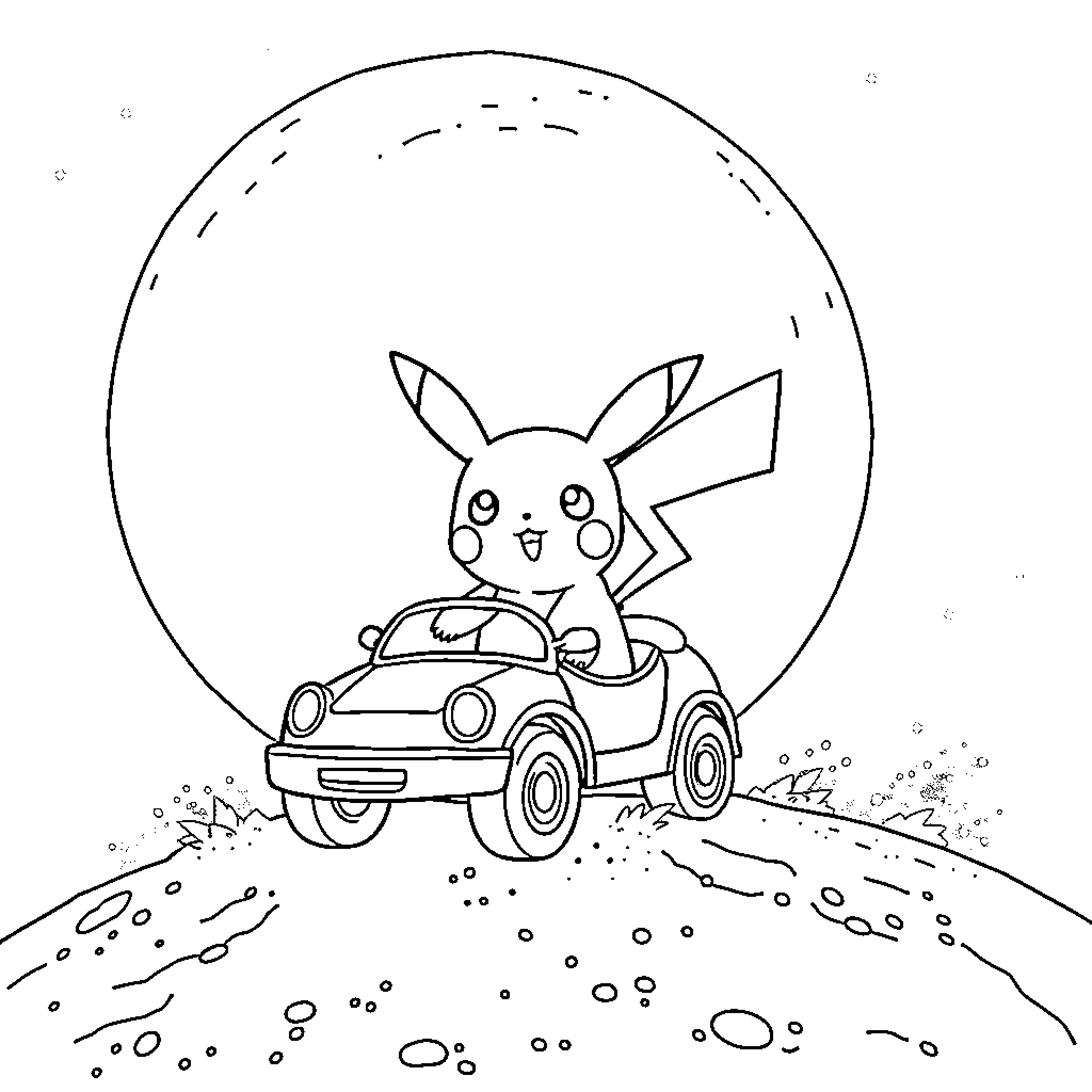 Pikachu driving a car on a road Coloring Page (free black-and-white line drawing printable PDF for all, from beginners to advanced learners, including children, teens, adults, and seniors)