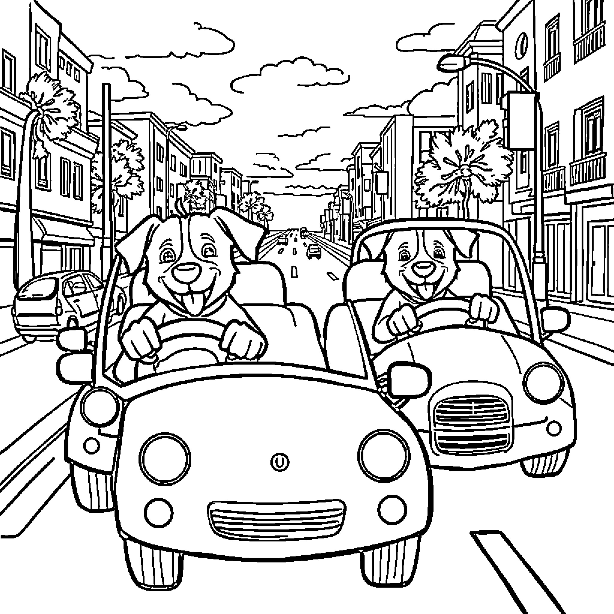 Dog riding in car on city street Coloring Page (free black-and-white line drawing printable PDF for all, from beginners to advanced learners, including children, teens, adults, and seniors)