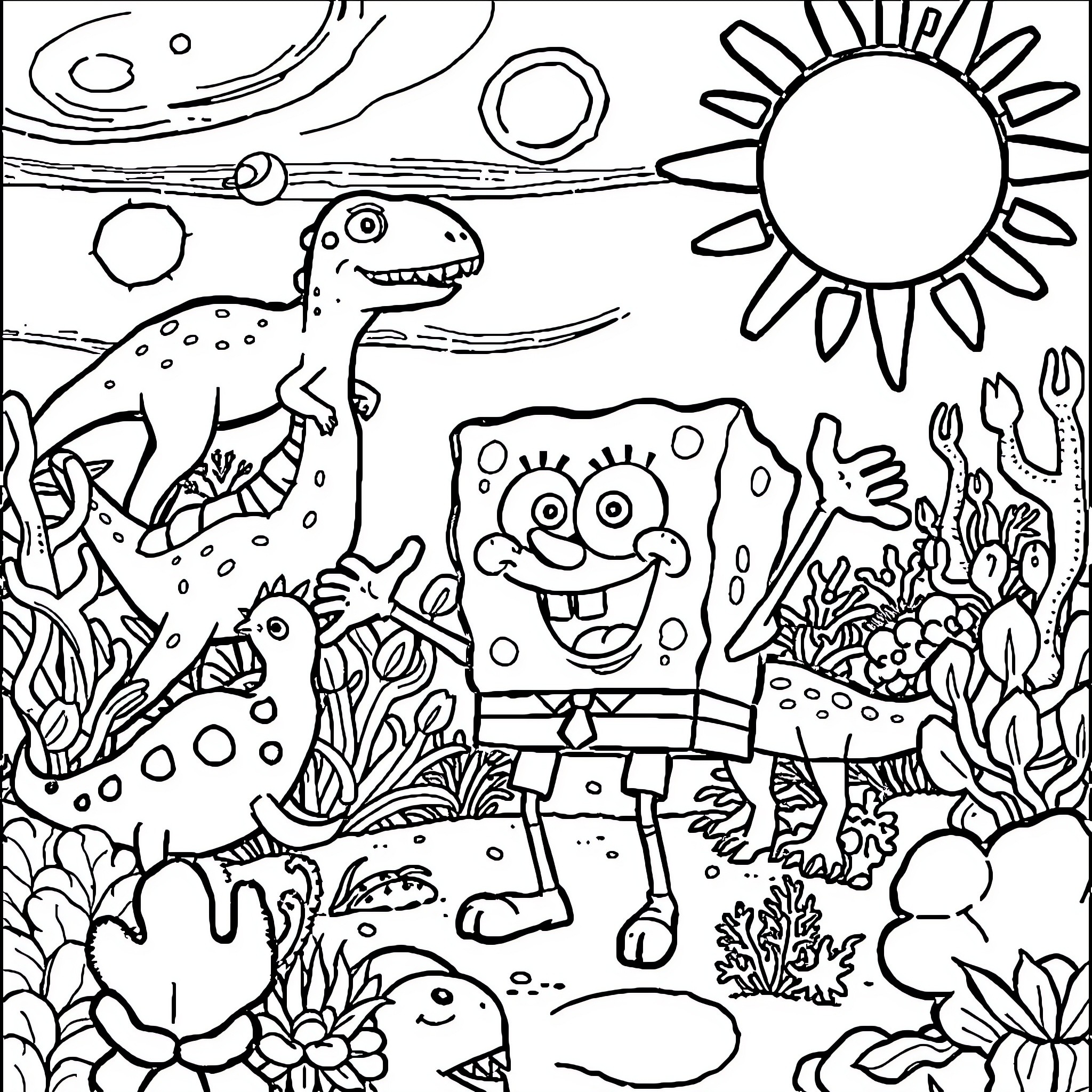 Spongebob and friends in a vibrant underwater scene Coloring Page (free black-and-white line drawing printable PDF for all, from beginners to advanced learners, including children, teens, adults, and seniors)