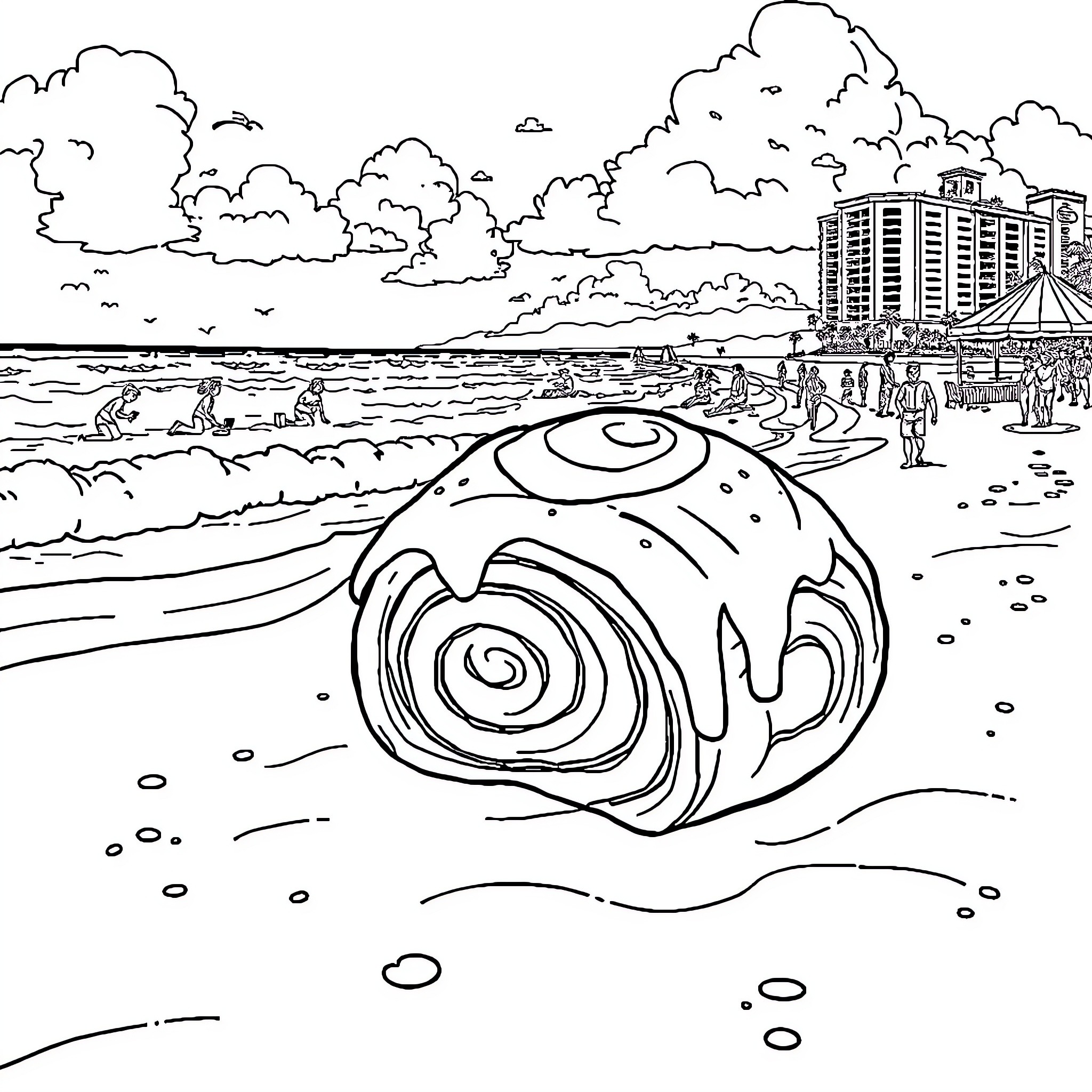 Cinnamon Roll Washed Ashore on Beachfront Coloring Page (free black-and-white line drawing printable PDF for all, from beginners to advanced learners, including children, teens, adults, and seniors)