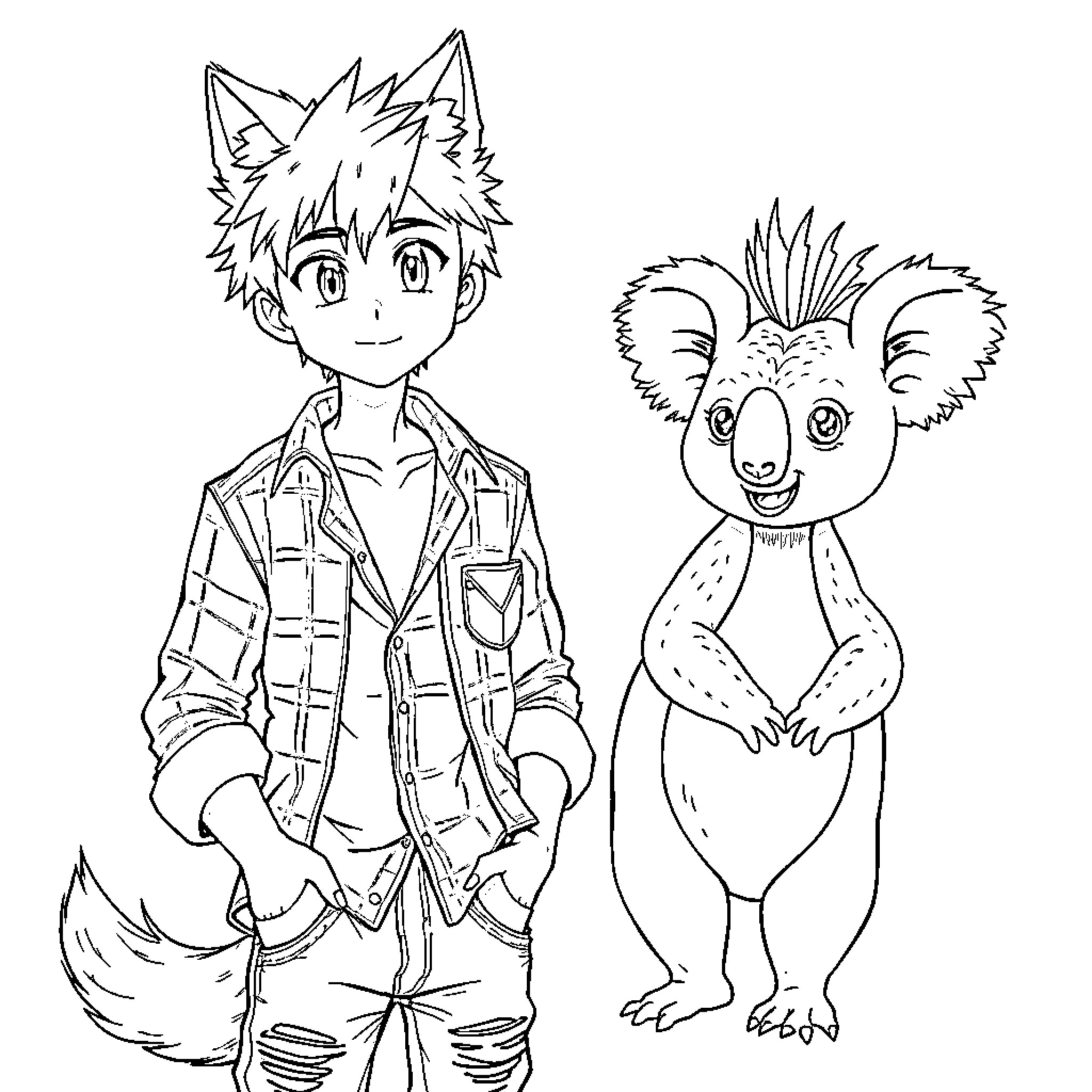 Anime Guy exploring with a friendly koala Coloring Page (free black-and-white line drawing printable PDF for all, from beginners to advanced learners, including children, teens, adults, and seniors)